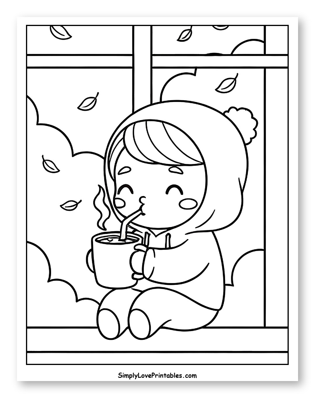 Happy Child in Hoodie with Hot Drink Coloring Sheet for Kids