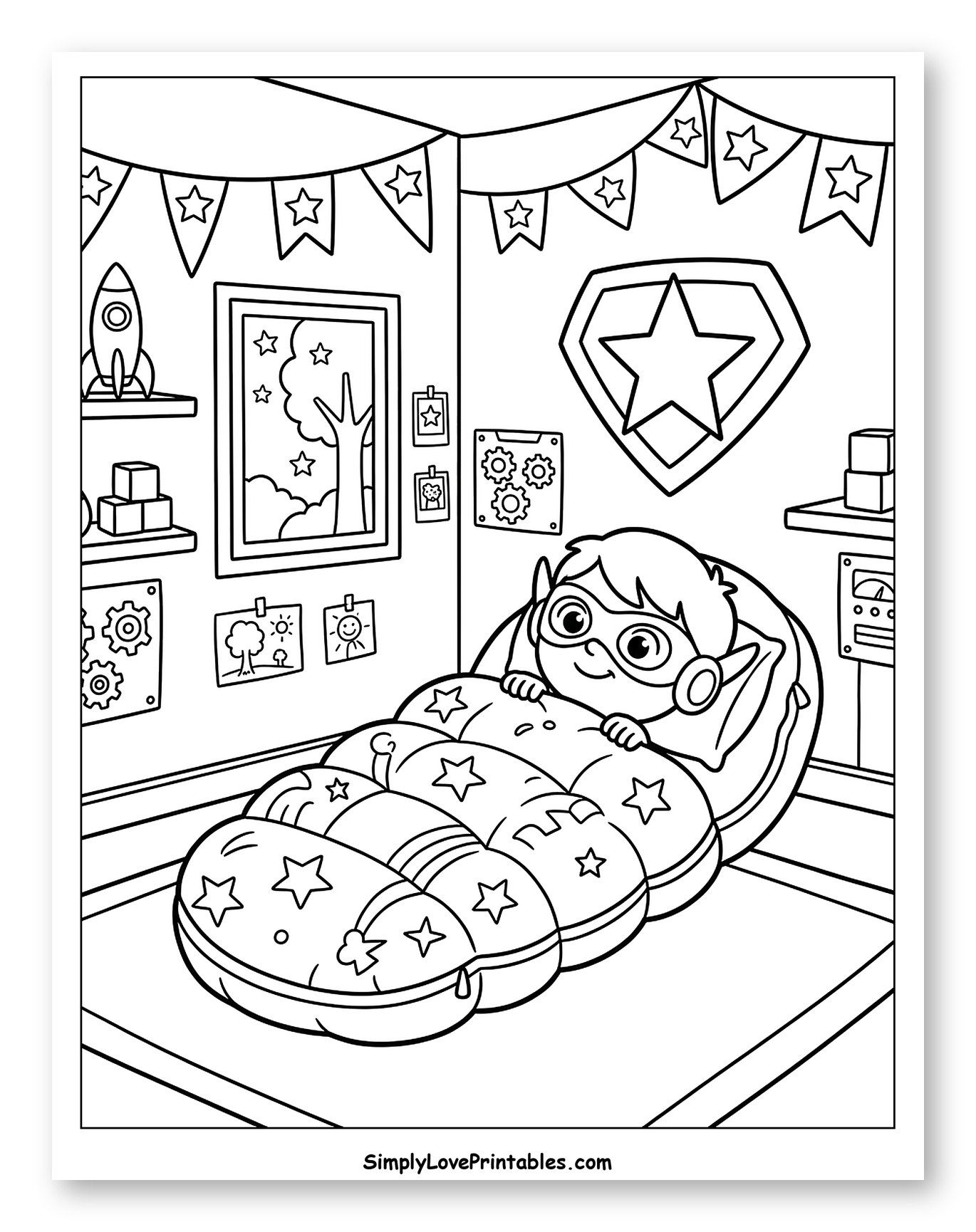 Happy Child in Sleeping Bag in Room to Color for Kids