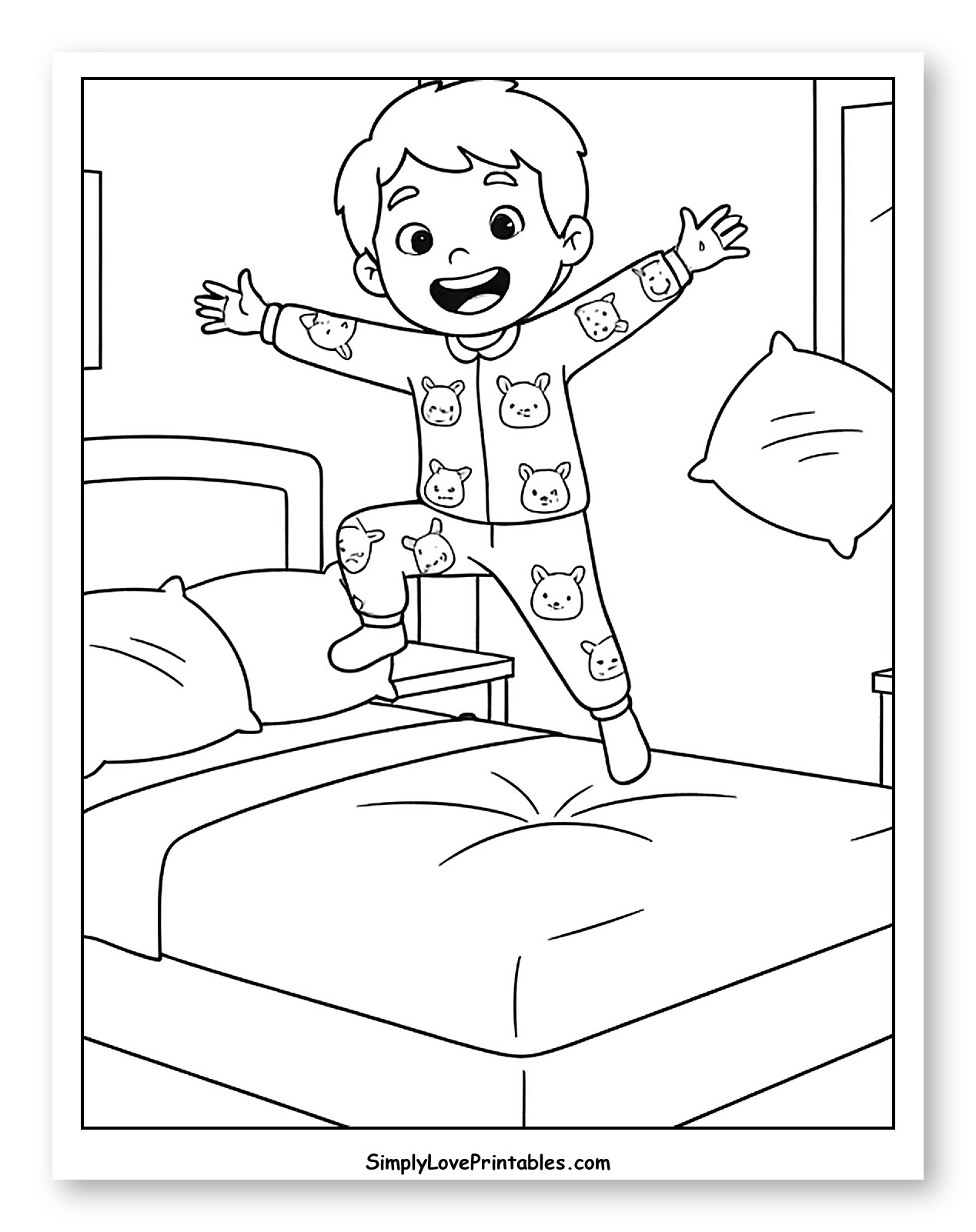 Happy Child Jumping on Bed in Pajamas to Color for Kids