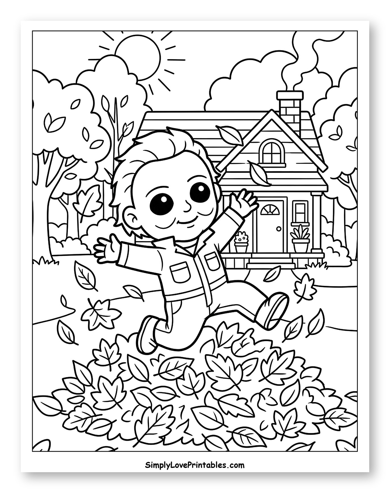 Happy Child Leaping into a Pile of Fall Leaves