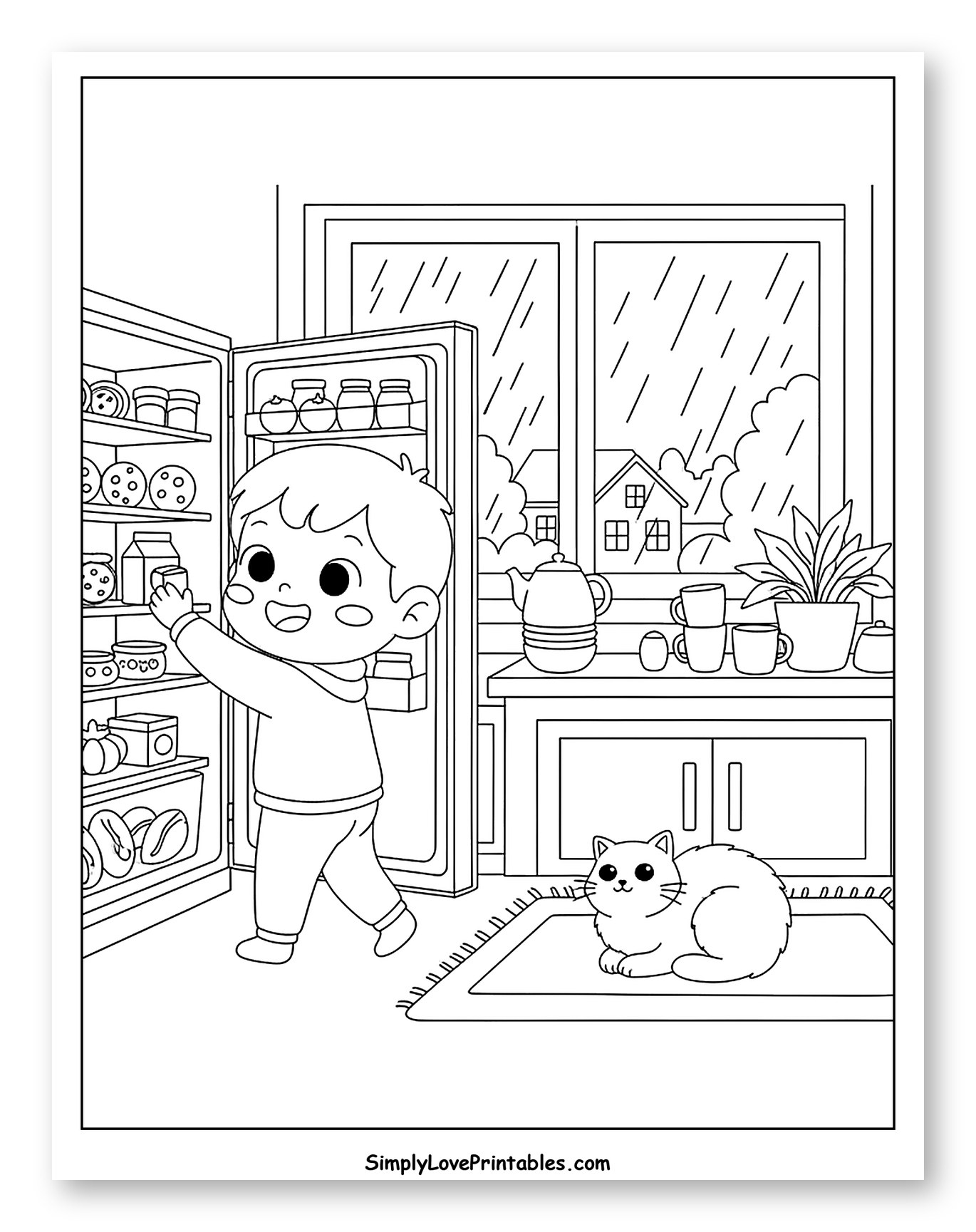 Happy Child Opening Refrigerator on Rainy Day