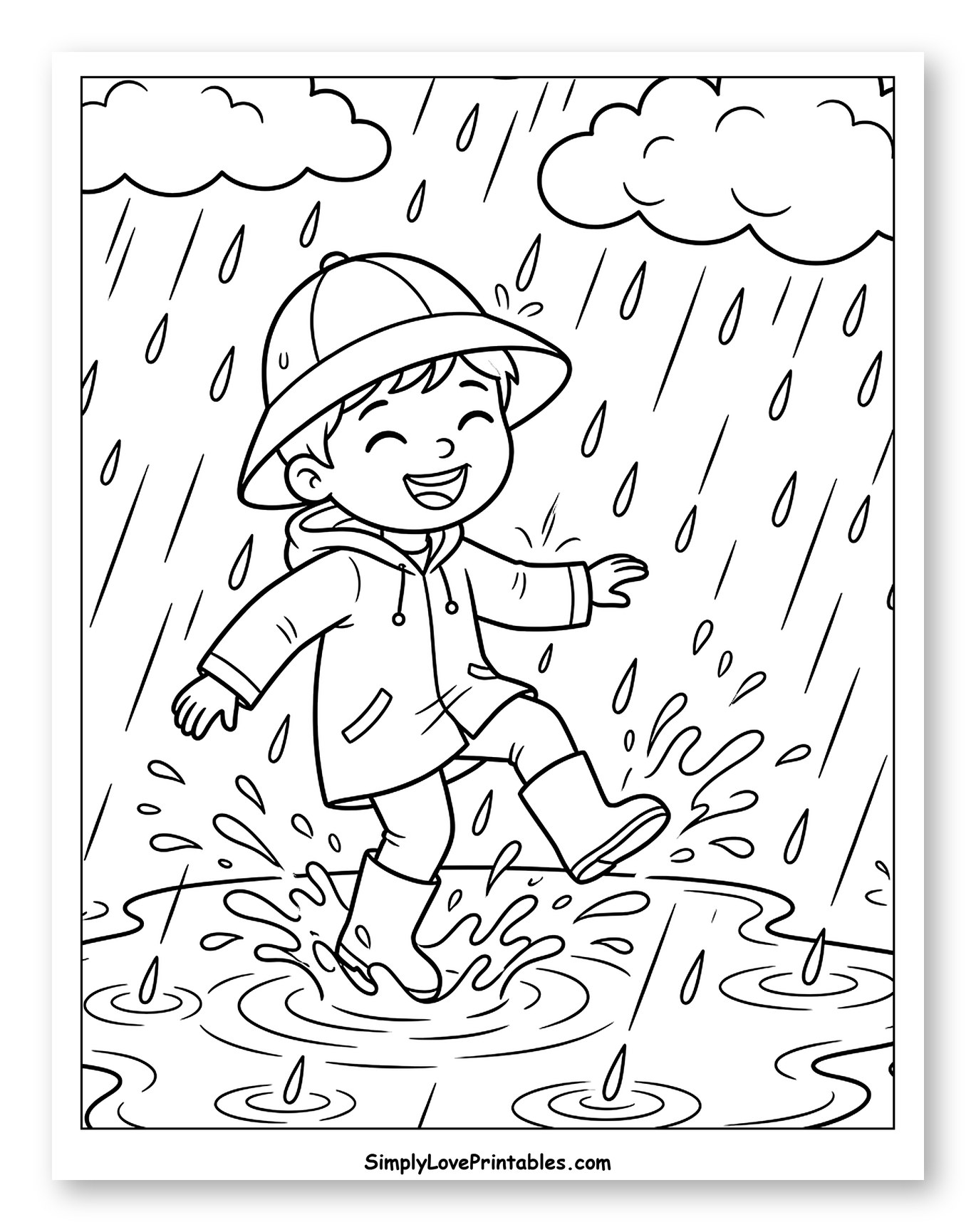 Happy Child Splashing in Rain Puddle