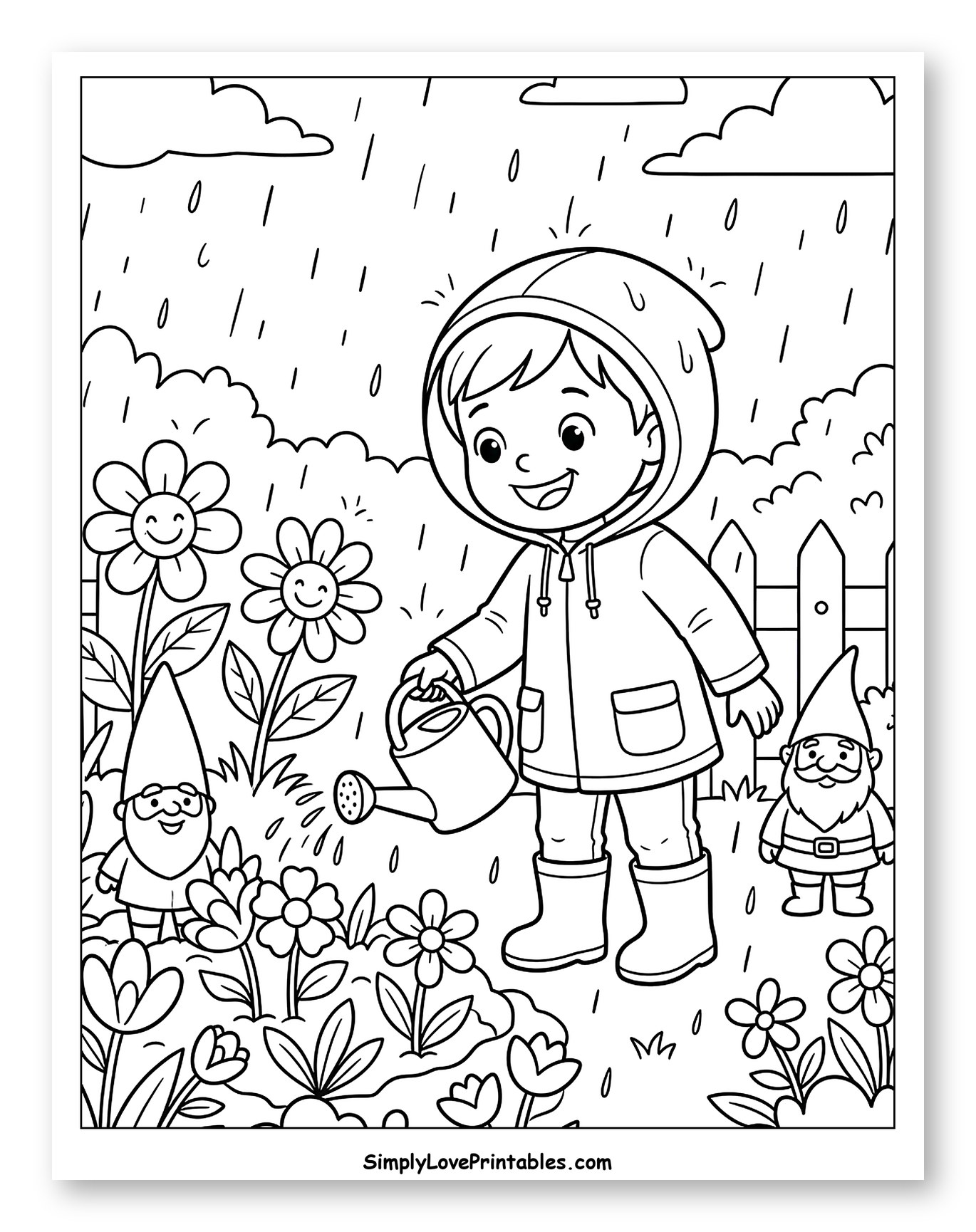 Happy Child Watering Garden in Rain