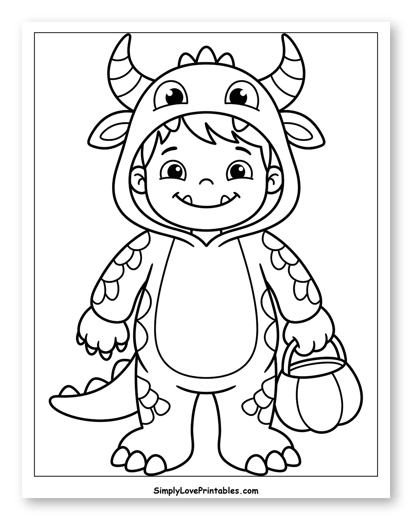 Happy Child Wearing a Dragon Halloween Costume Coloring Page for Toddlers