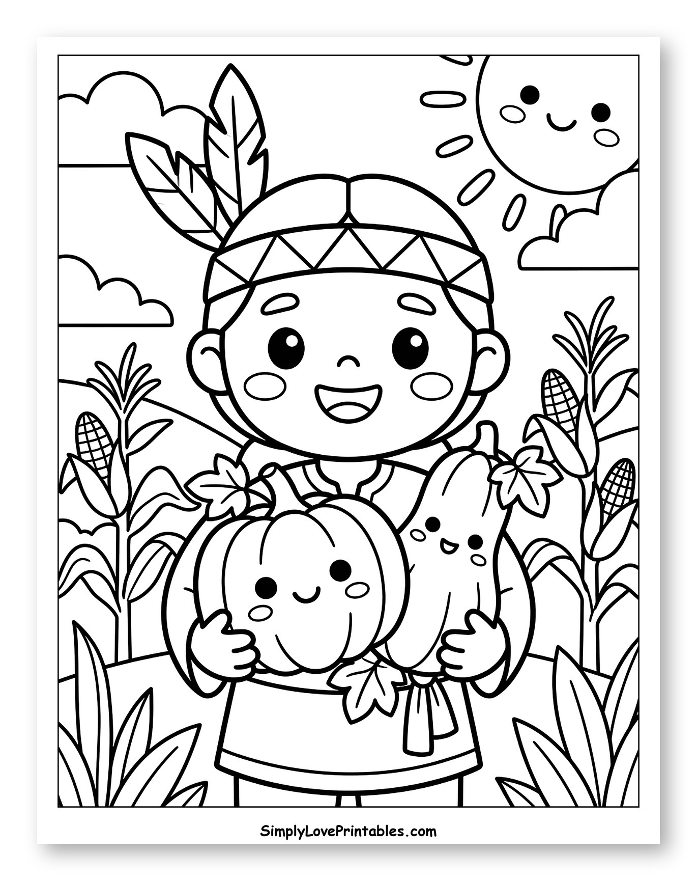 Happy Child with Harvest Pumpkins and Corn