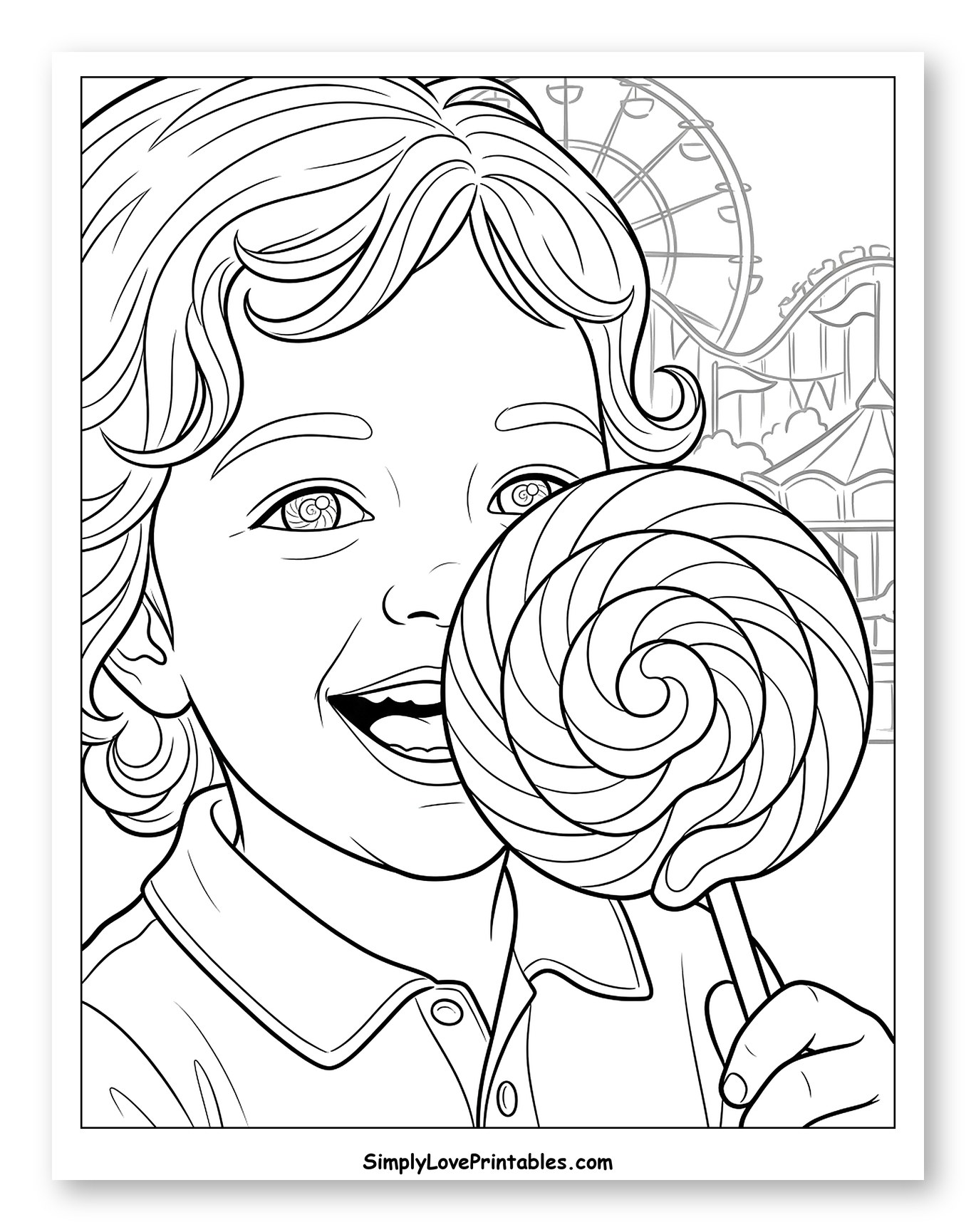 Happy Child with Lollipop at Amusement Park Coloring Sheet