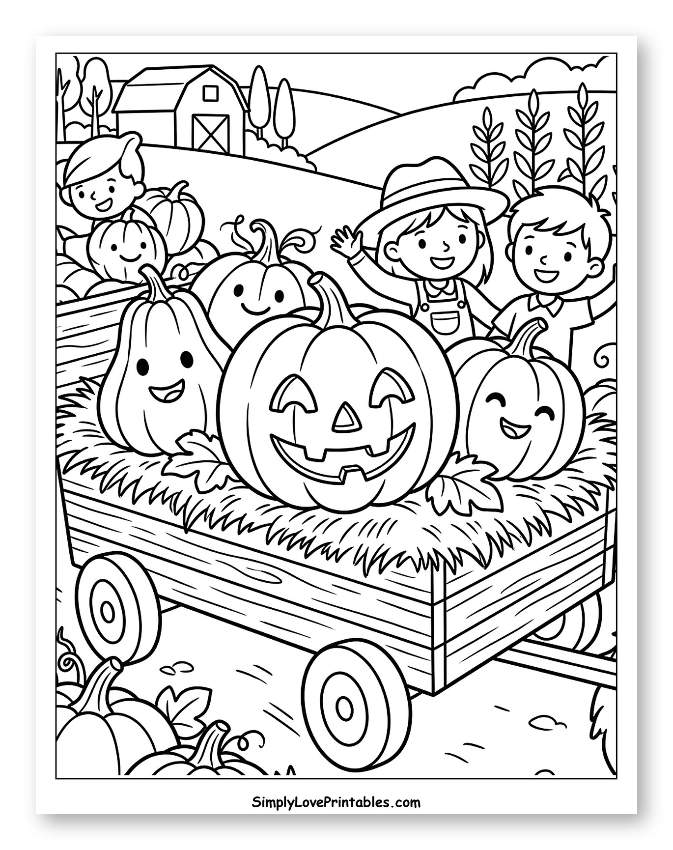 Happy Children and Jack-o'-lanterns on a Farm
