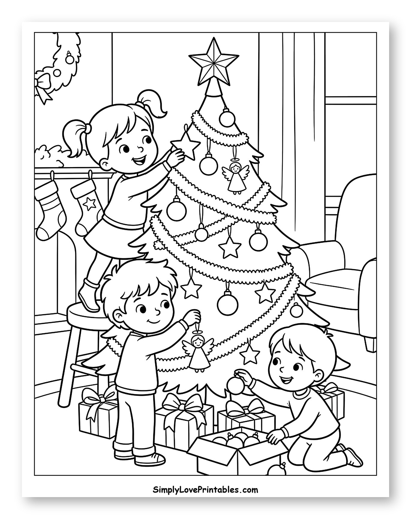 Happy Children Decorating Christmas Tree Coloring Page for Kids
