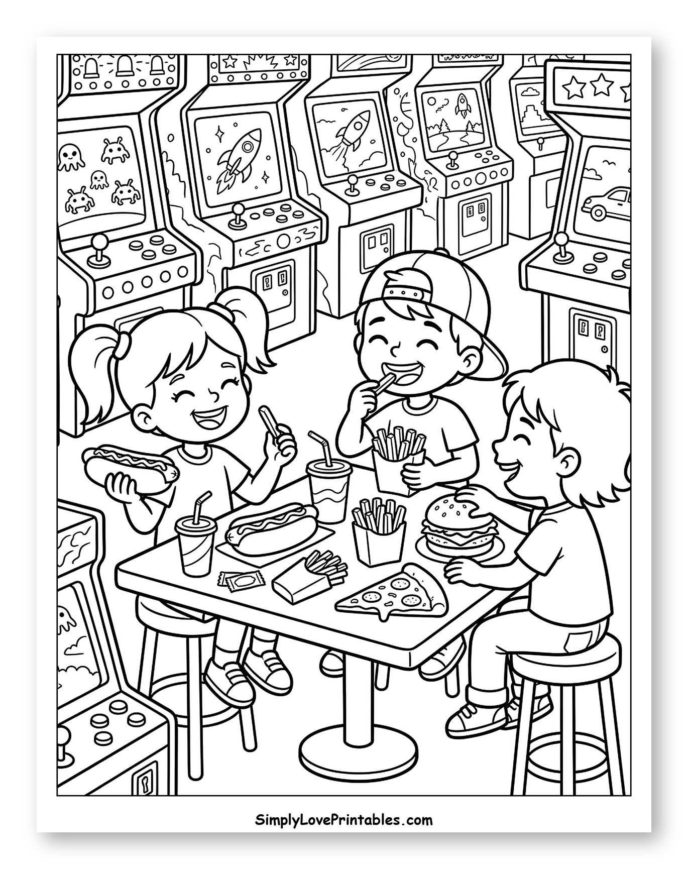 Happy Children Enjoying Fast Food and Arcade Games Coloring Sheet for Kids