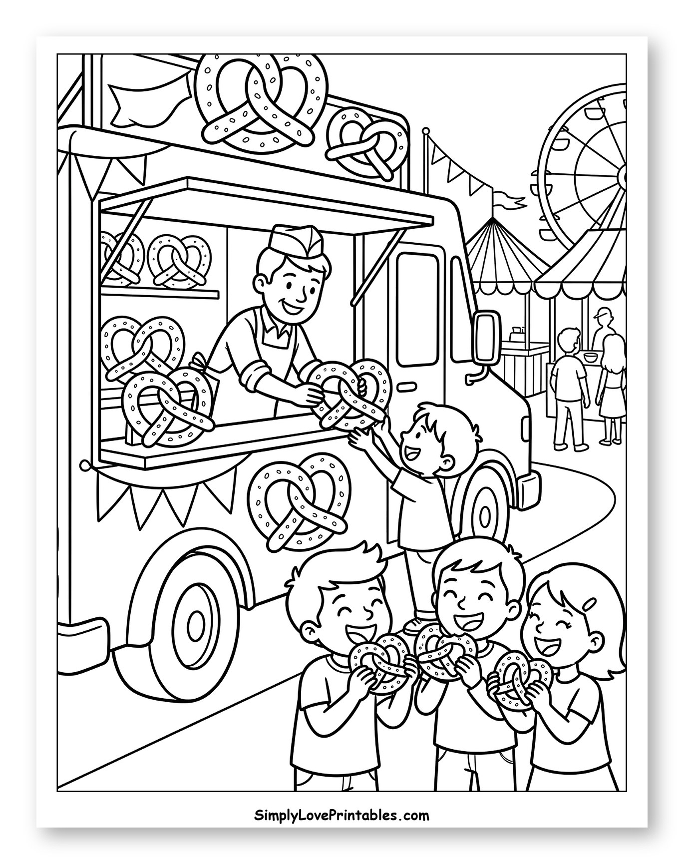 Happy Children Enjoying Pretzels at Food Truck
