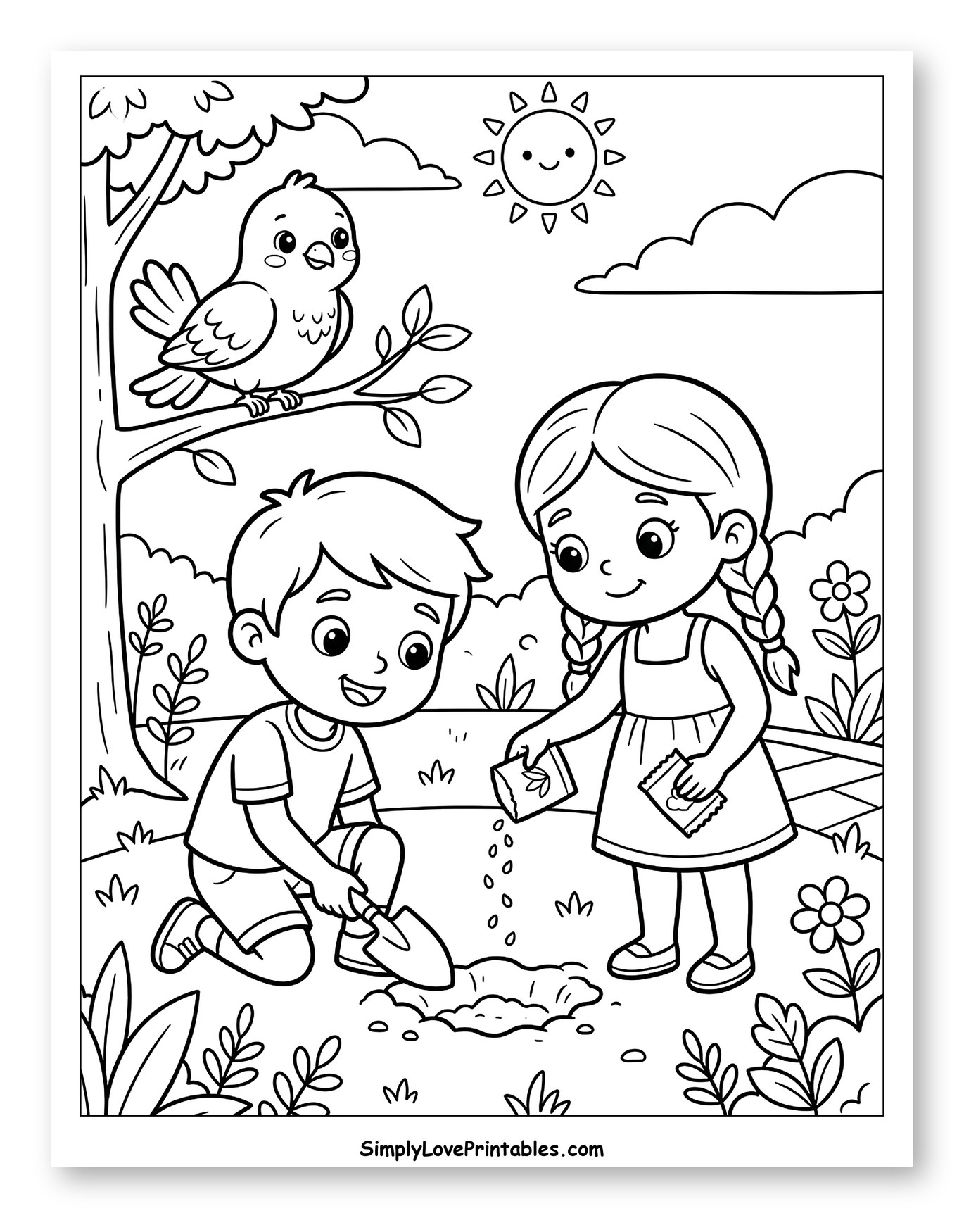 Happy Children Gardening Under the Sun Coloring Sheet for Kids
