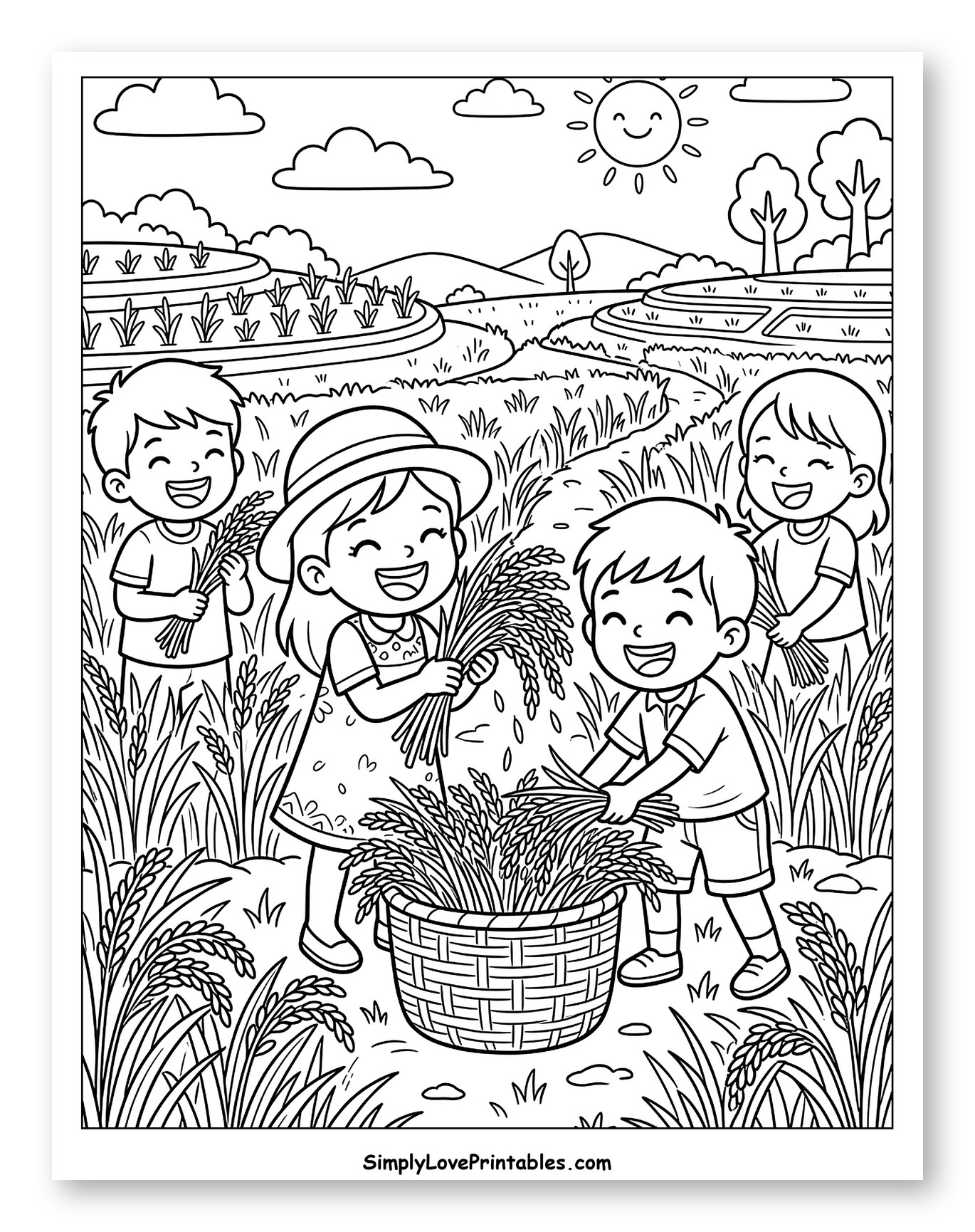 Happy Children Harvesting Rice in a Paddy Field Coloring Page for Kids