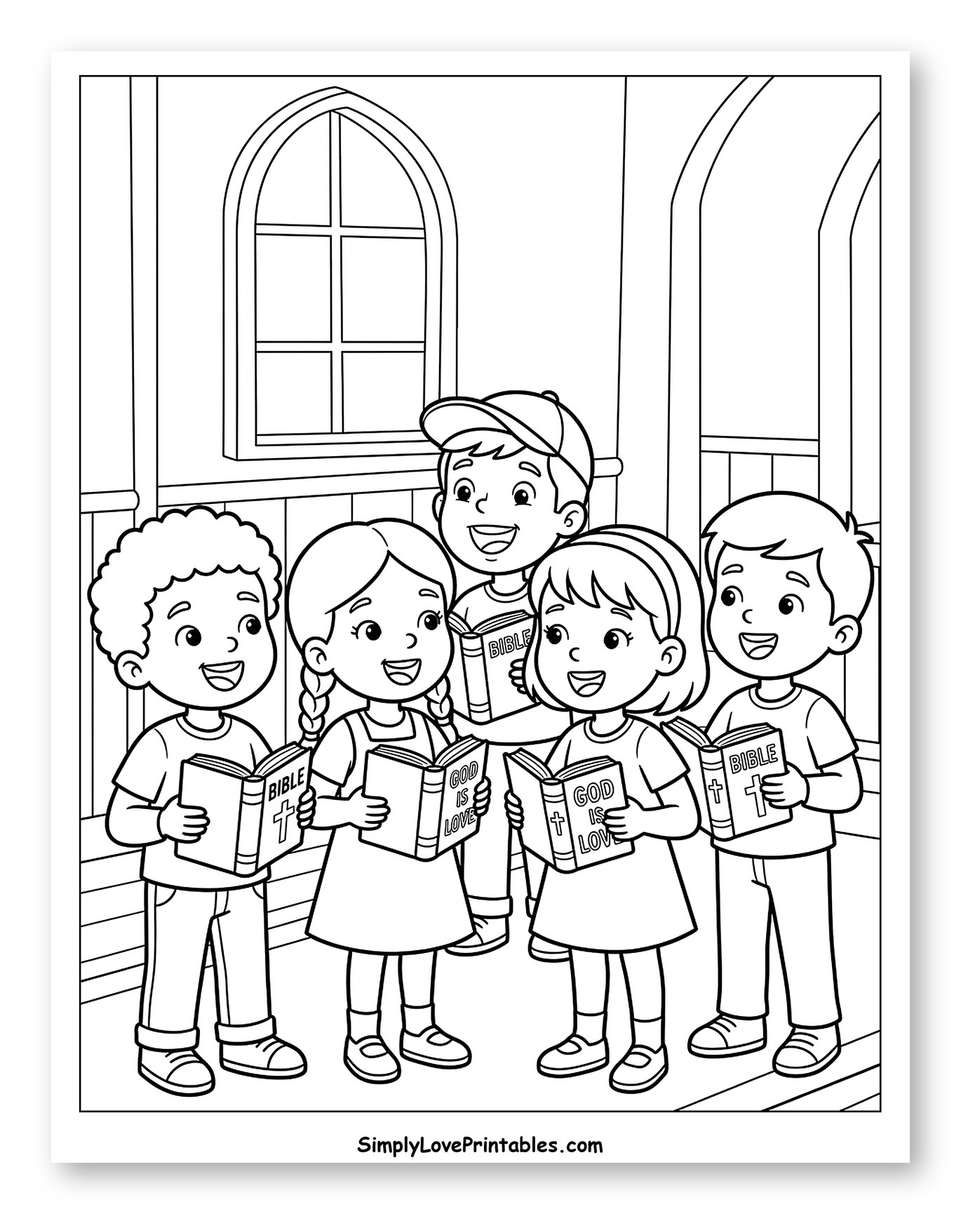 Happy Children Holding Bible Books Coloring Sheet for Kids