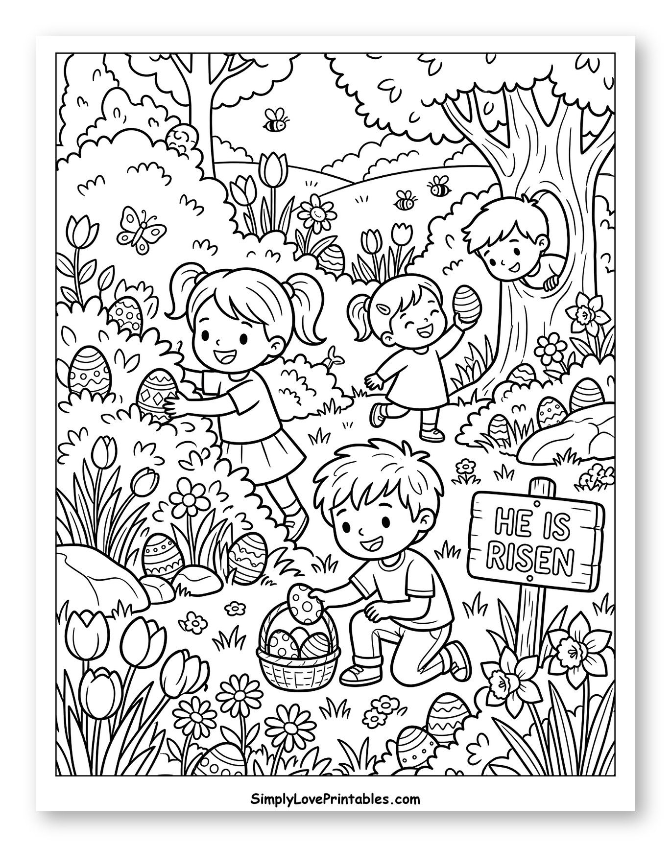 Happy Children Hunting Easter Eggs Outdoors to Color for Kids