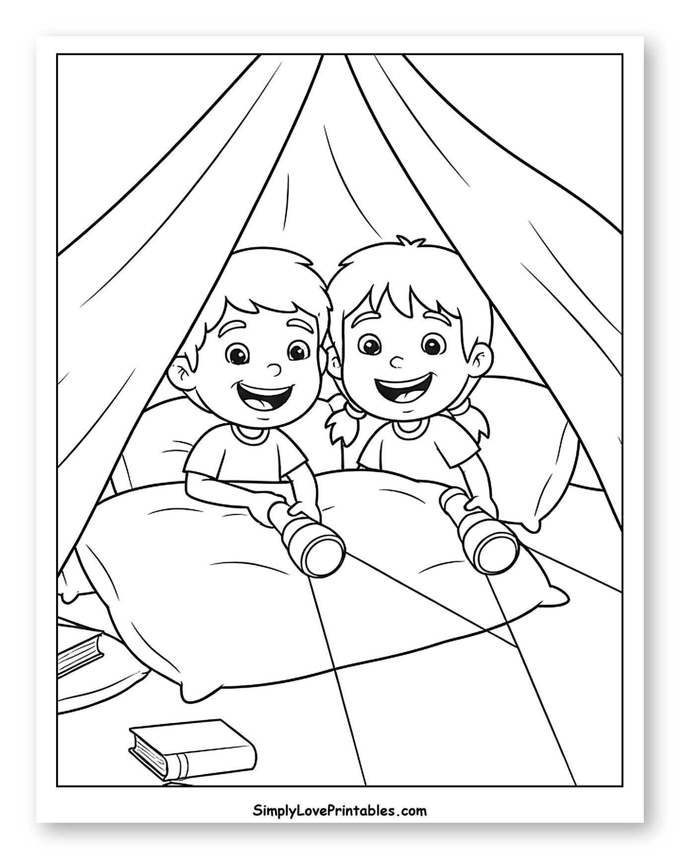 Happy Children in Tent with Flashlights and Books