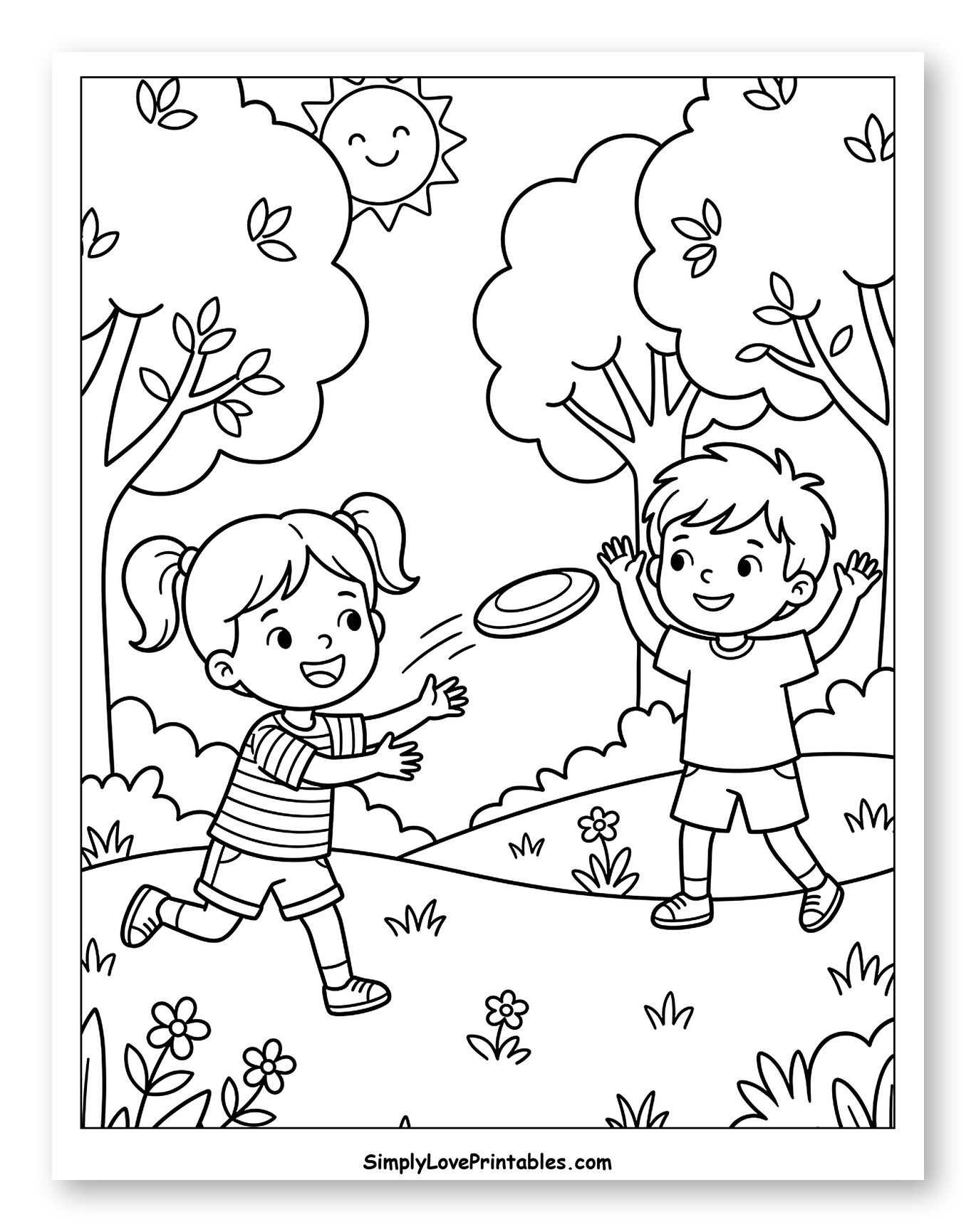 Happy Children Playing Frisbee Under Sunny Sky Coloring Page for Kids