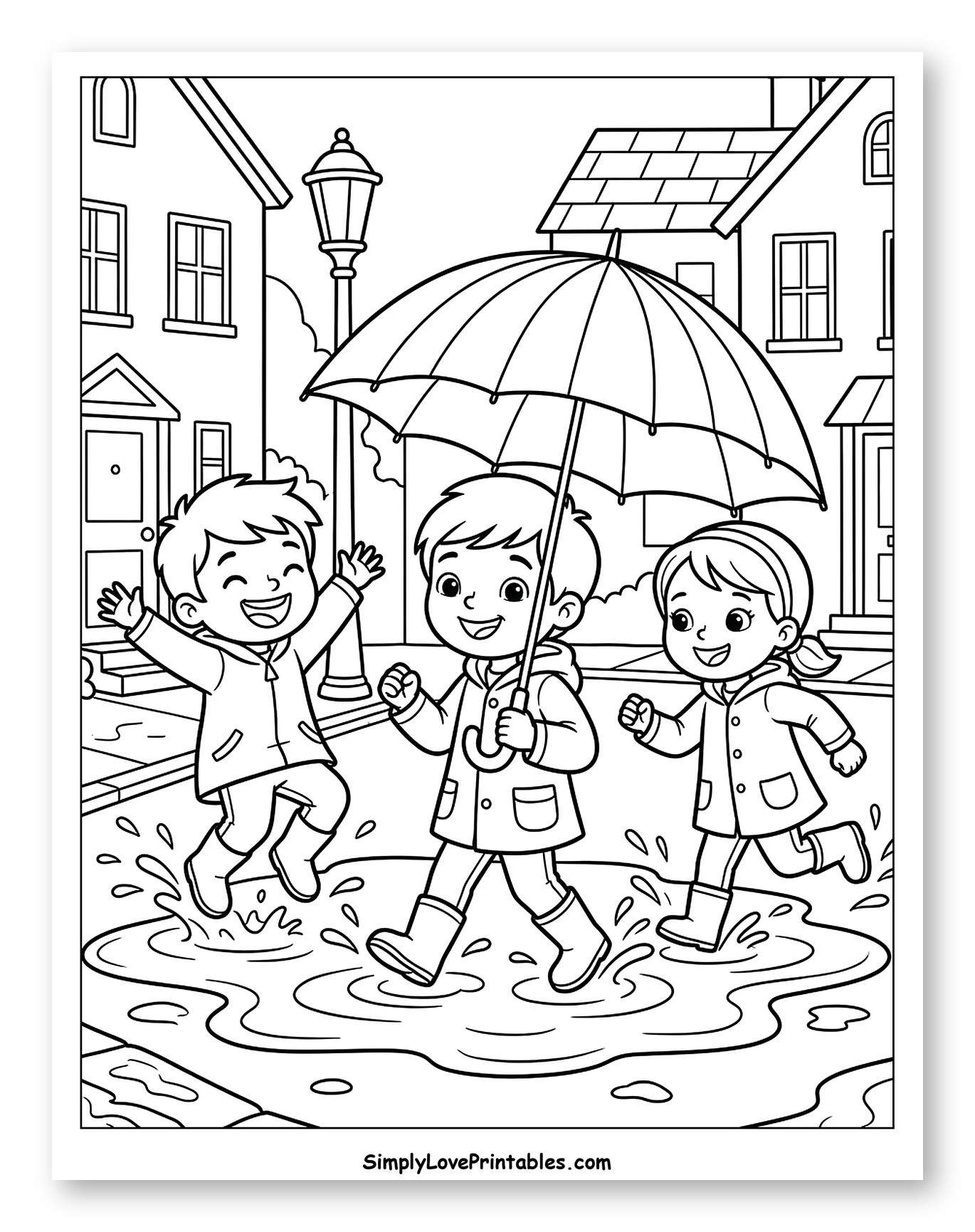 Happy Children Playing in Puddles Under an Umbrella Coloring Sheet for Kids