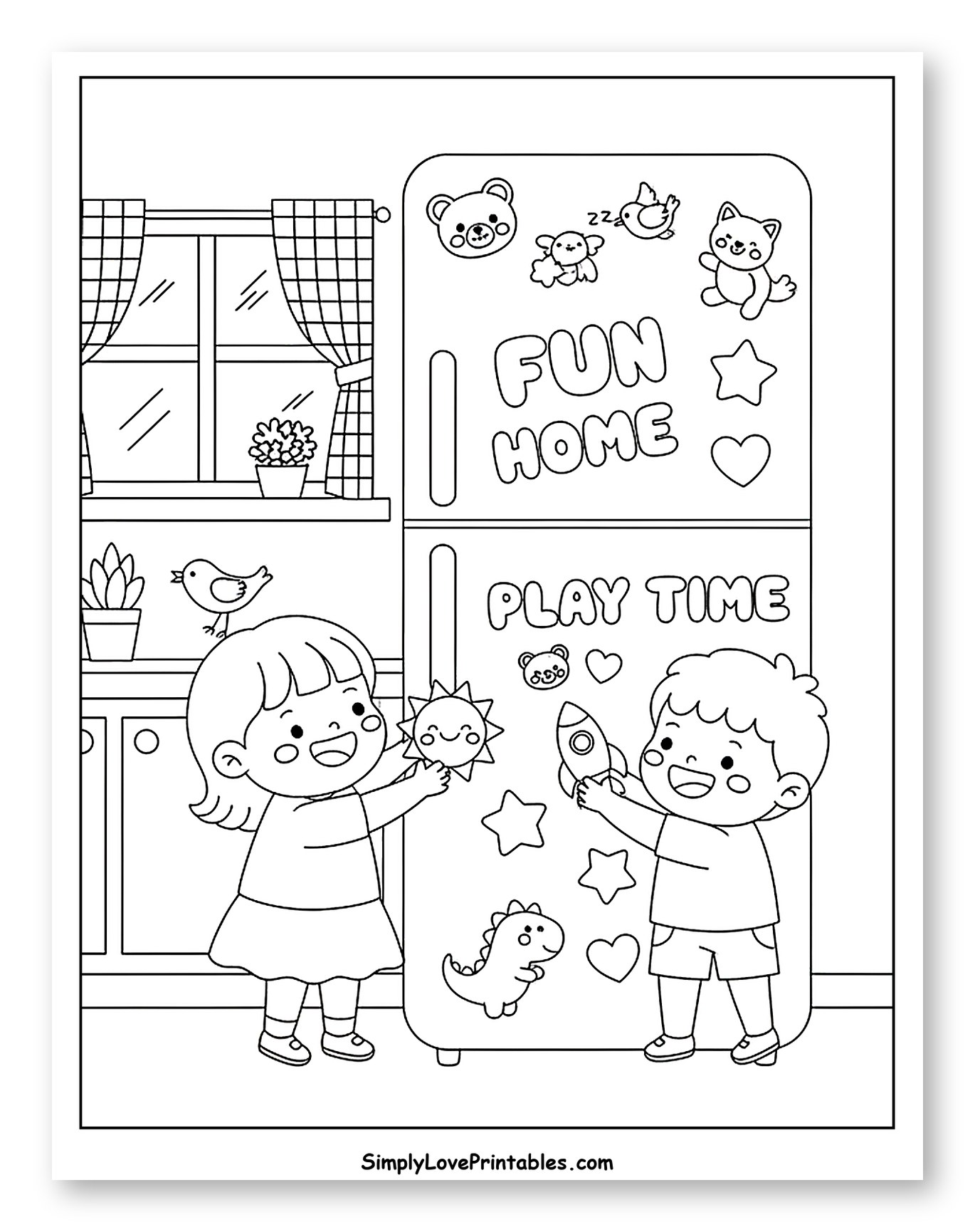 Happy Children Playing with Fridge Magnets Coloring Sheet for Kids