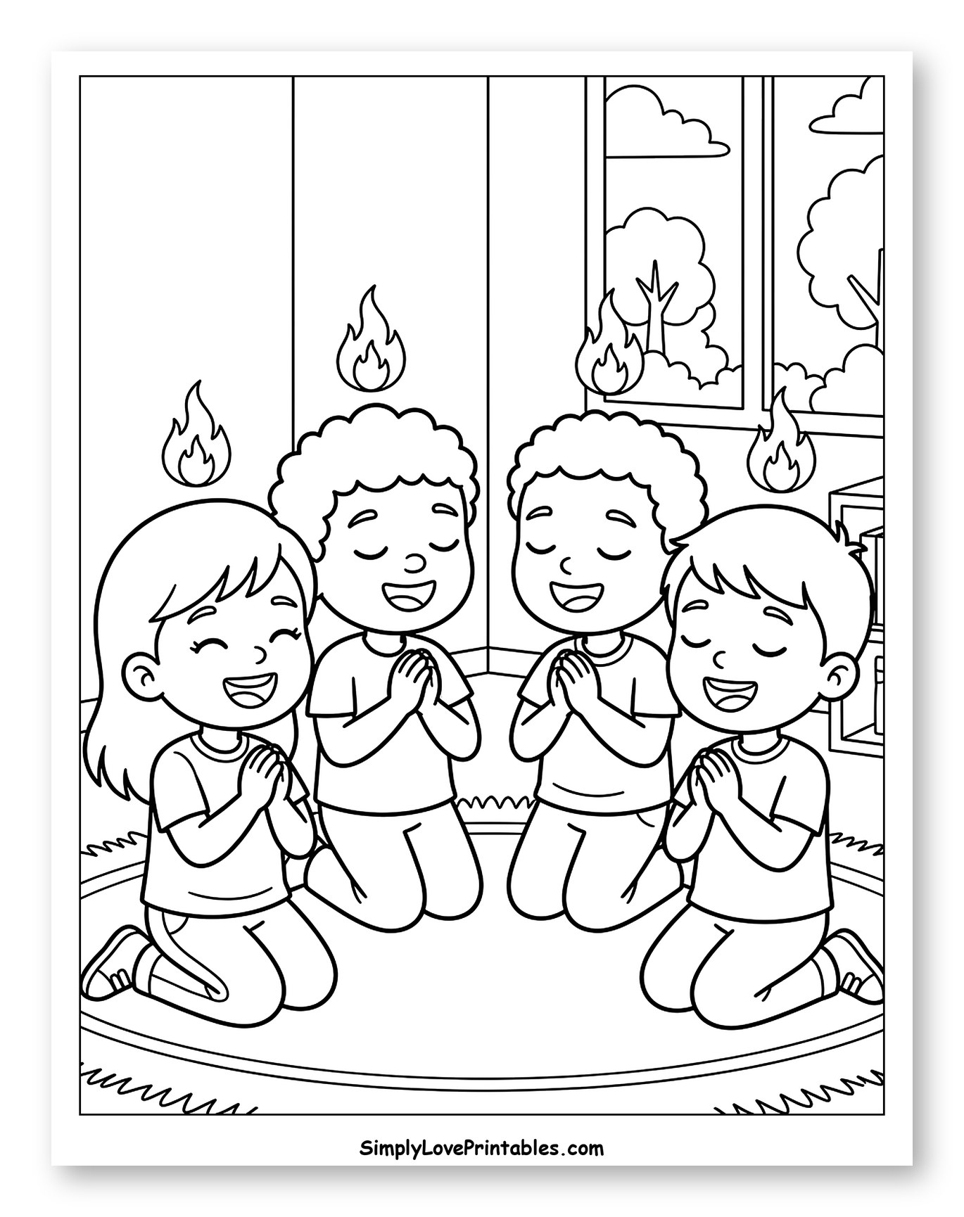 Happy Children Praying with Pentecost Flames to Color for Kids