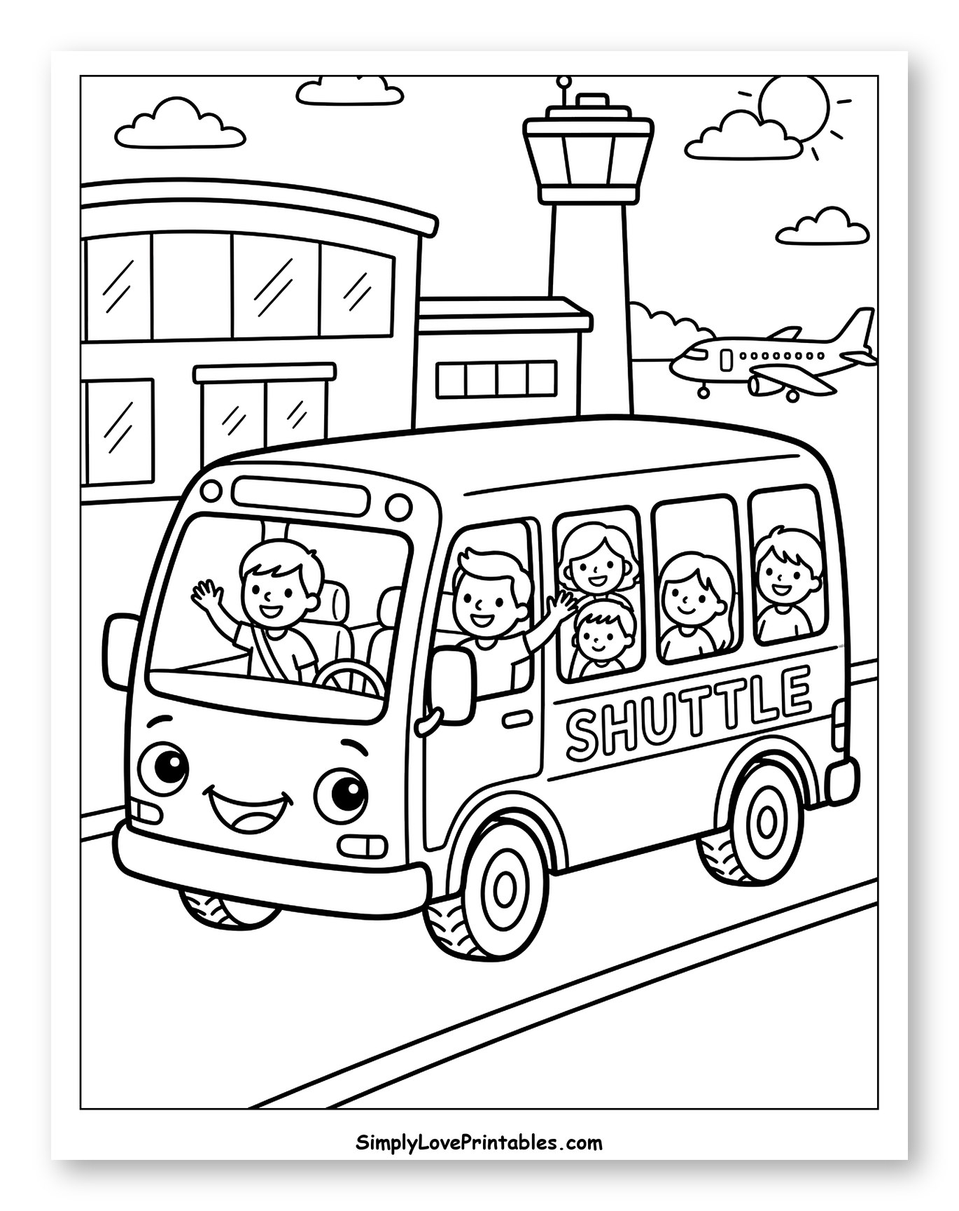 Happy Children Riding an Airport Shuttle Bus Coloring Page for Kids