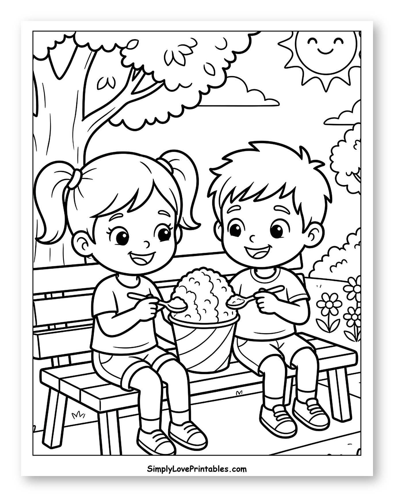 Happy Children Sharing Snow Cone on a Park Bench to Color for Kids