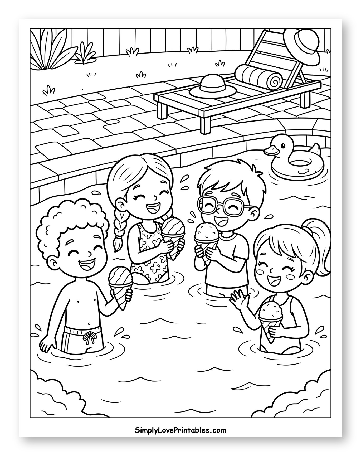 Happy Children with Snow Cones in Pool Coloring Sheet for Kids