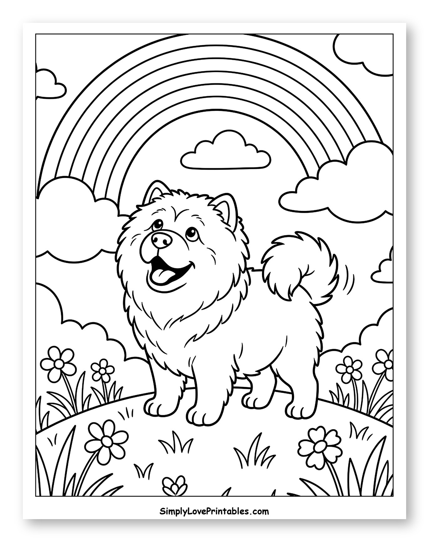 Happy Chow Chow Dog Under a Rainbow Sky