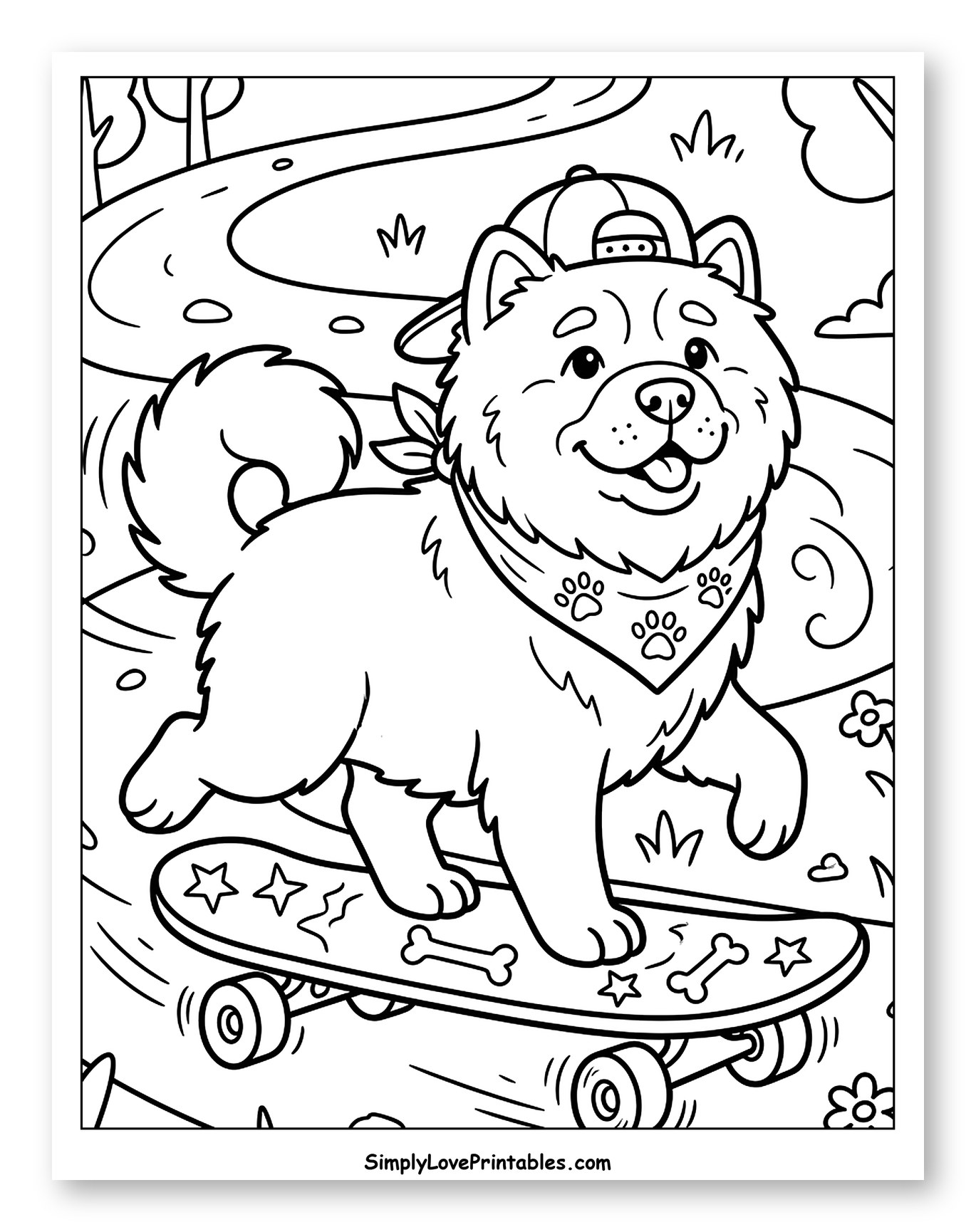 Happy Chow Chow Wearing Cap on Skateboard
