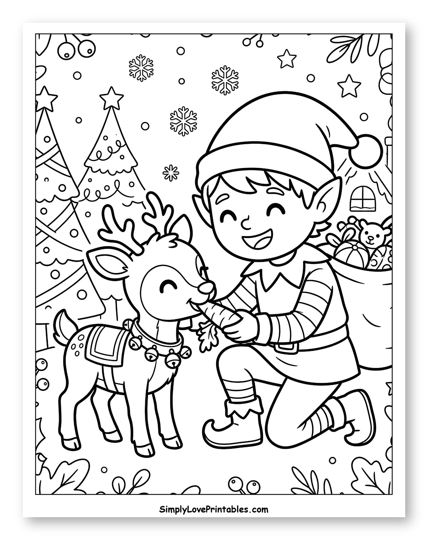 Happy Christmas Elf Feeding a Reindeer a Carrot