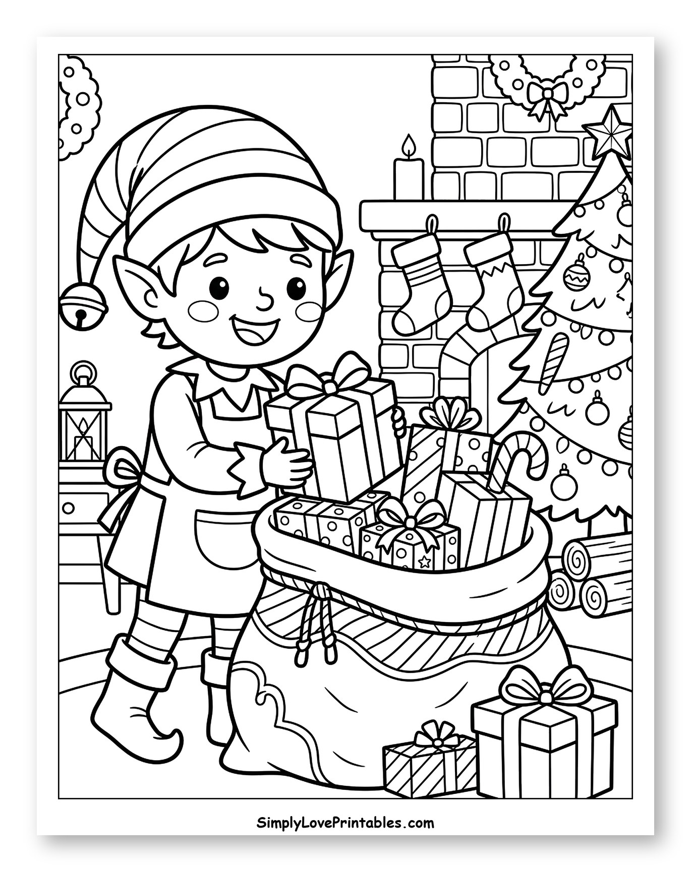 Happy Christmas Elf Packing Gifts into a Sack
