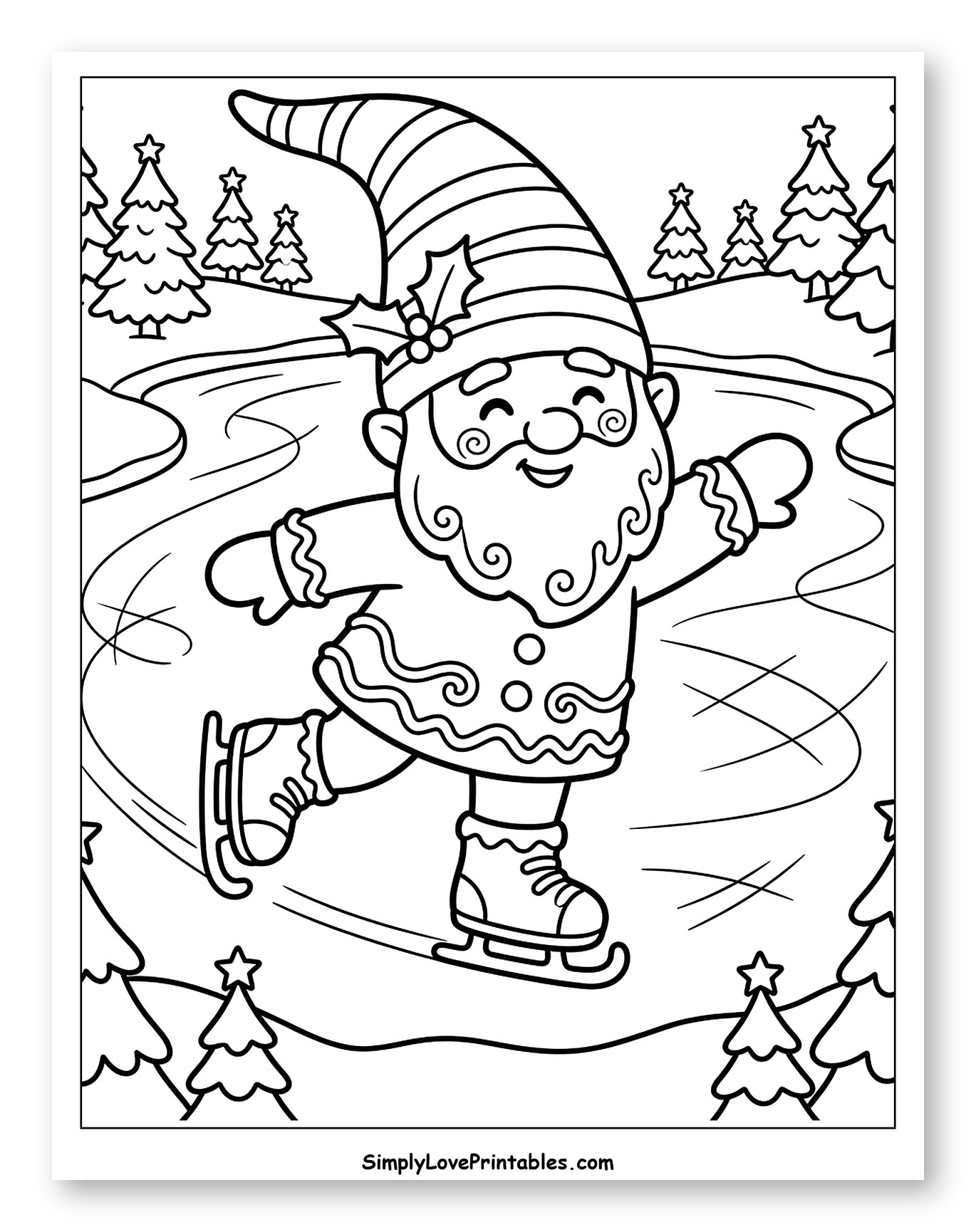 Happy Christmas Gnome Ice Skating on a Pond Coloring Sheet for Kids