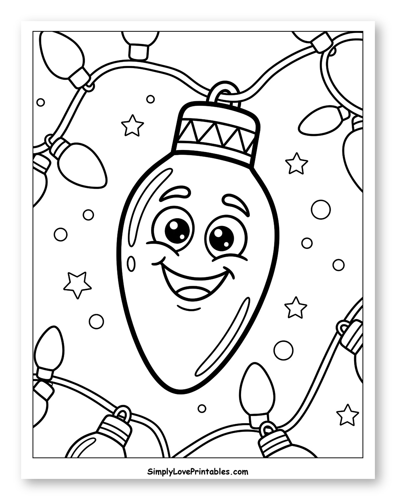 Happy Christmas Light Bulb Surrounded by Festive Strands Coloring Page for Toddlers