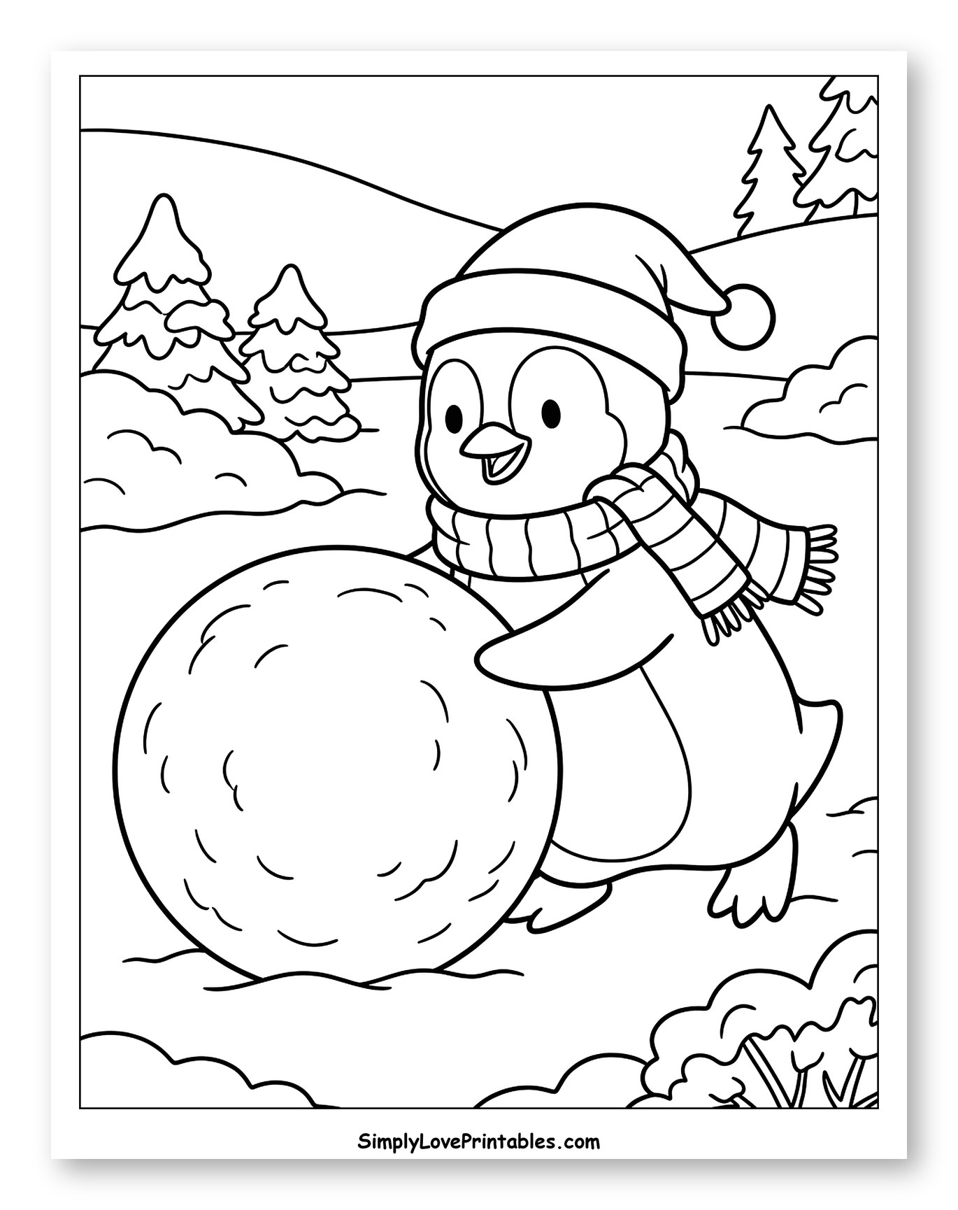 Happy Christmas Penguin Rolling a Giant Snowball Coloring Sheet for Kids