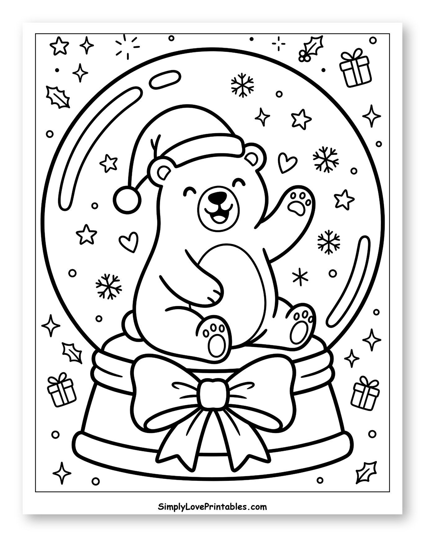 Happy Christmas Polar Bear in a Snow Globe to Color for Adults
