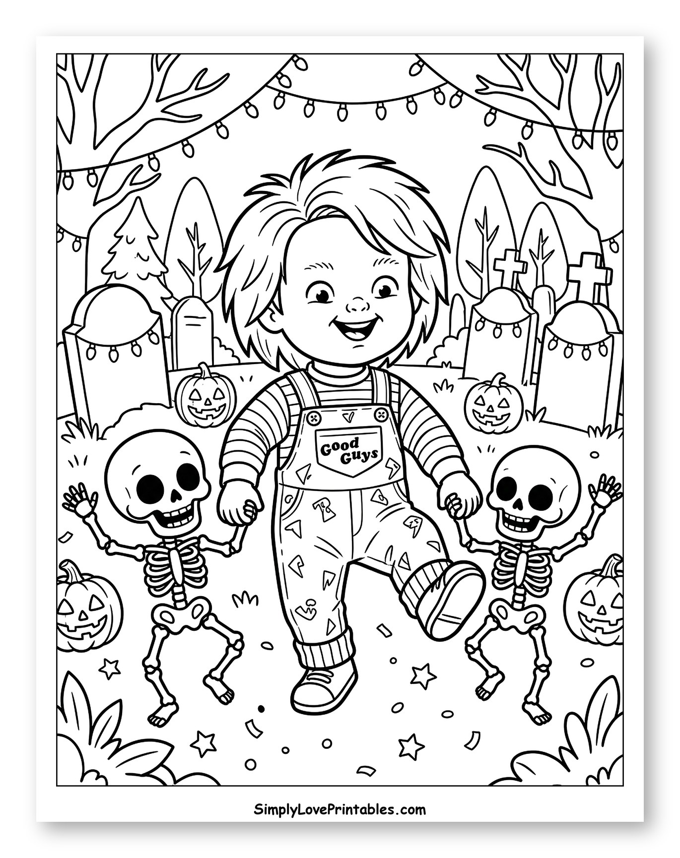 Happy Chucky with Skeletons in a Graveyard