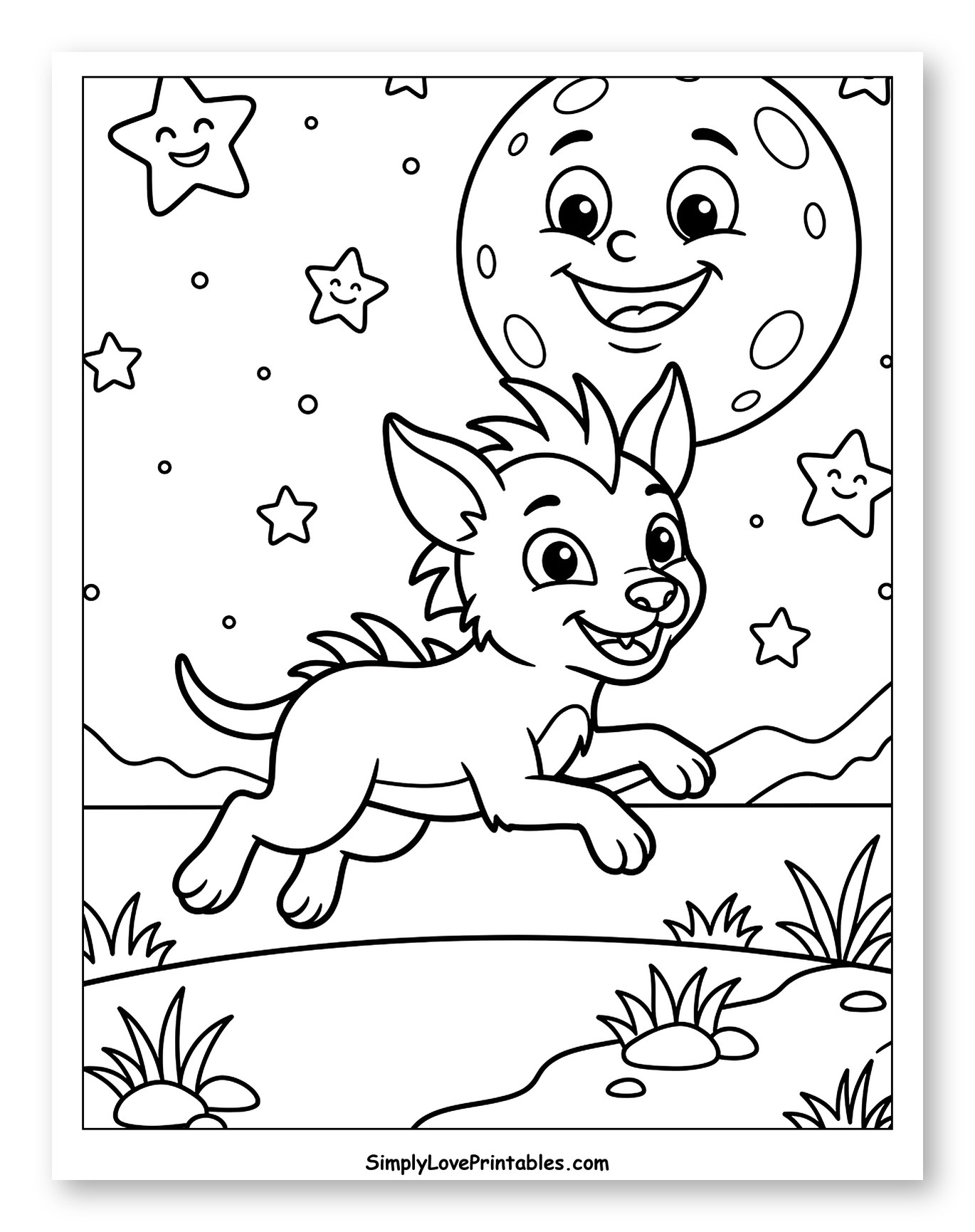 Happy Chupacabra Leaping Under Smiling Moon Coloring Page for Kids