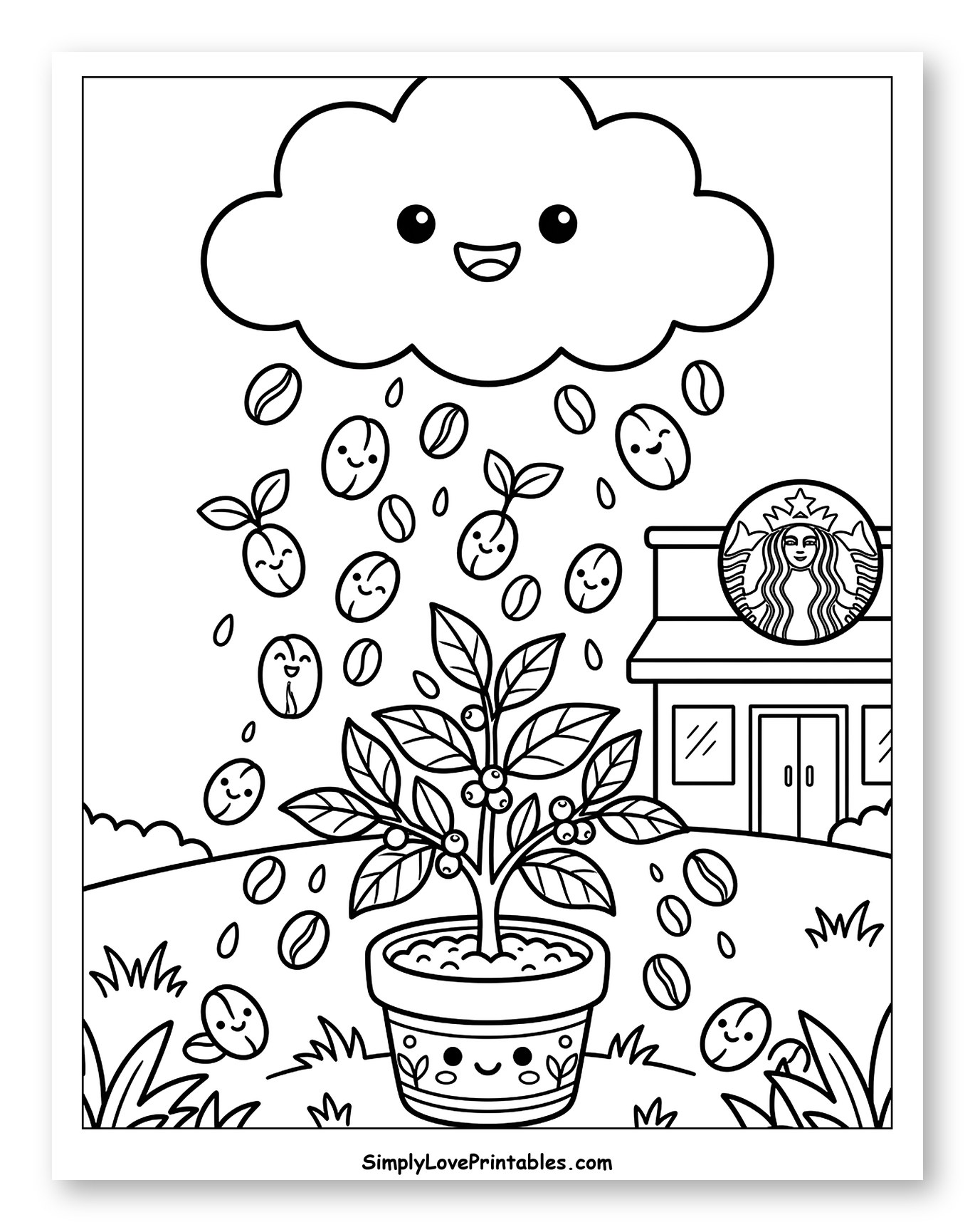 Happy Cloud Raining Coffee Beans on Plant Coloring Sheet for Kids