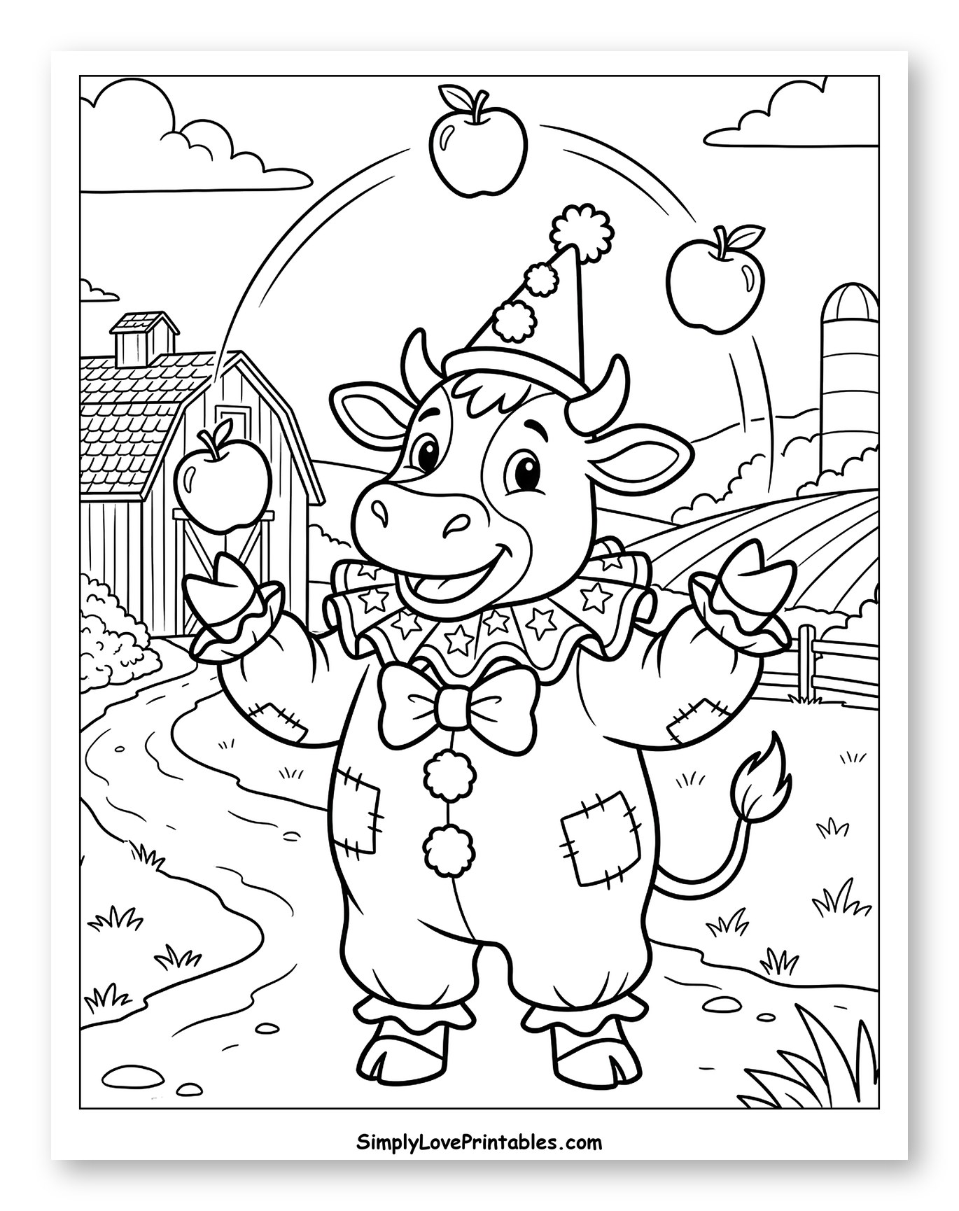 Happy Clown Cow Juggling Apples at Farm to Color for Kids