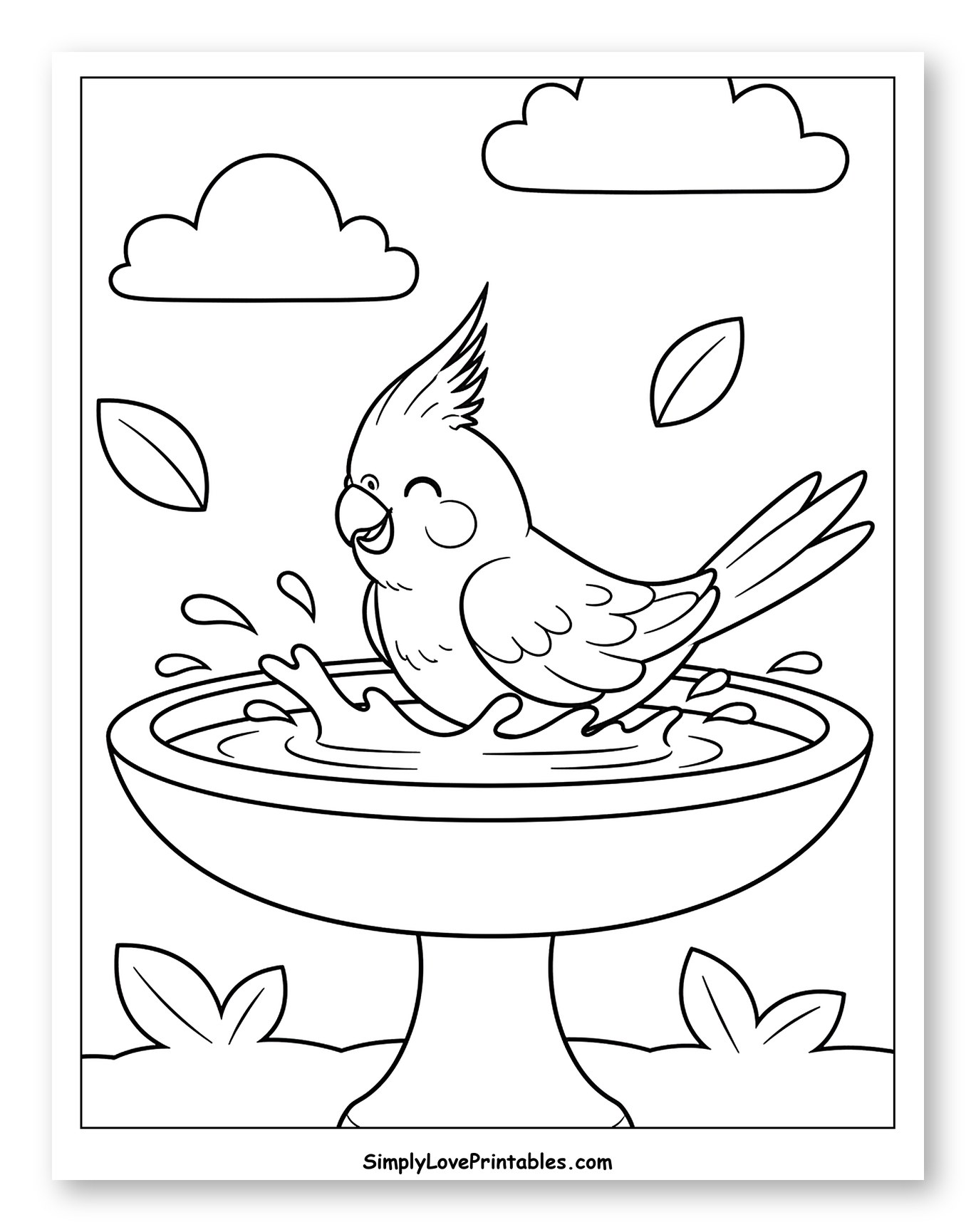 Happy Cockatiel Bathing in a Bird Bath to Color for Toddlers