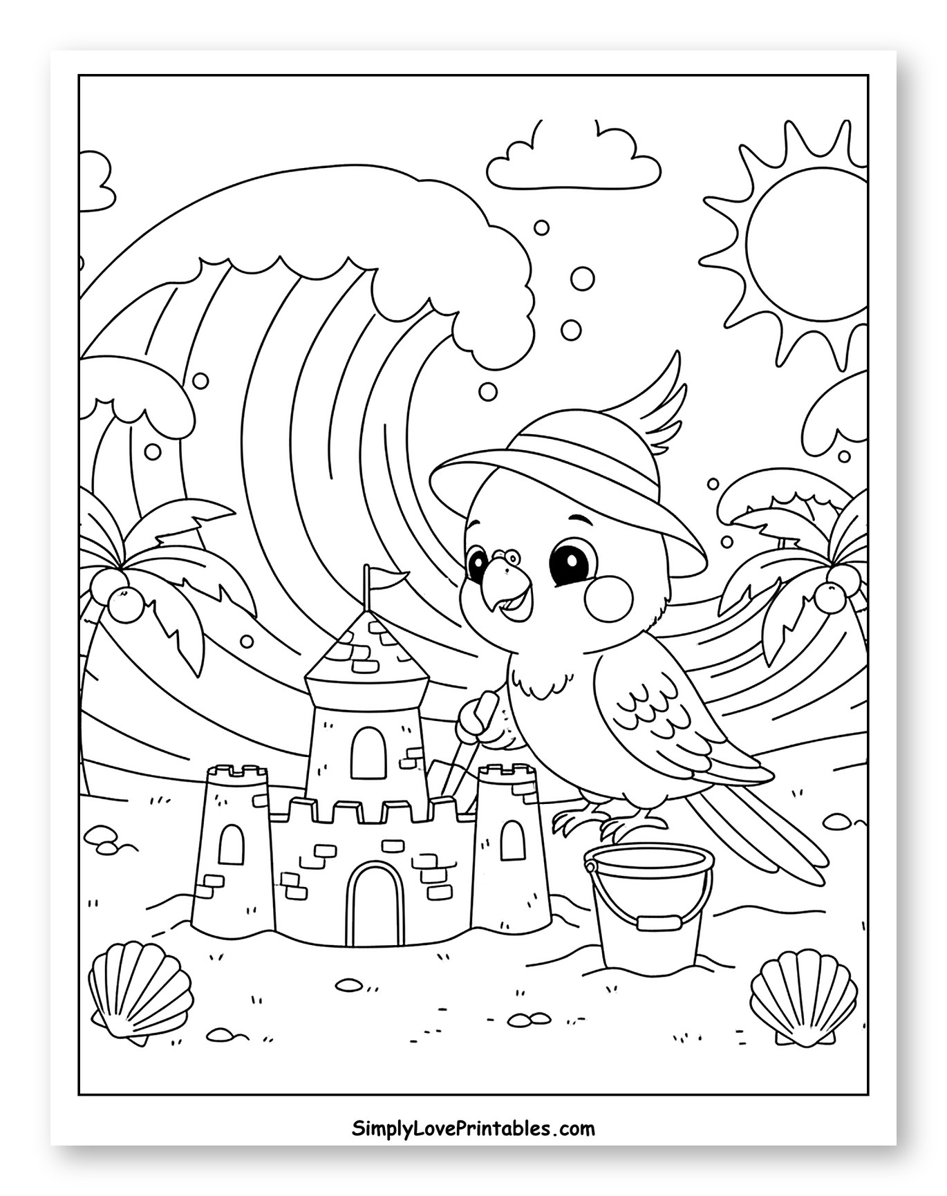 Happy Cockatiel Builds Sandcastle on Sunny Beach Coloring Sheet for Kids
