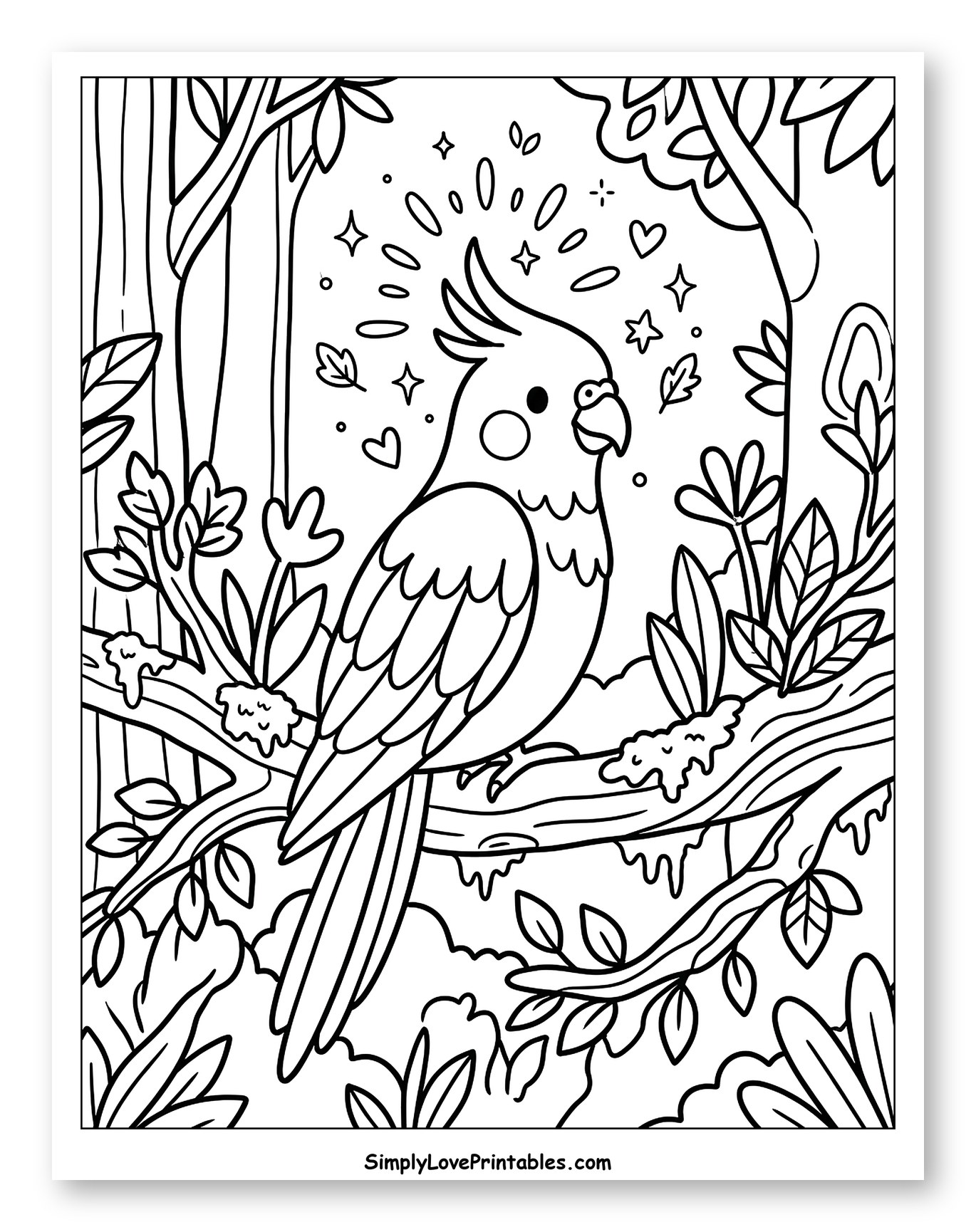 Happy Cockatiel on a Branch to Color for Adults