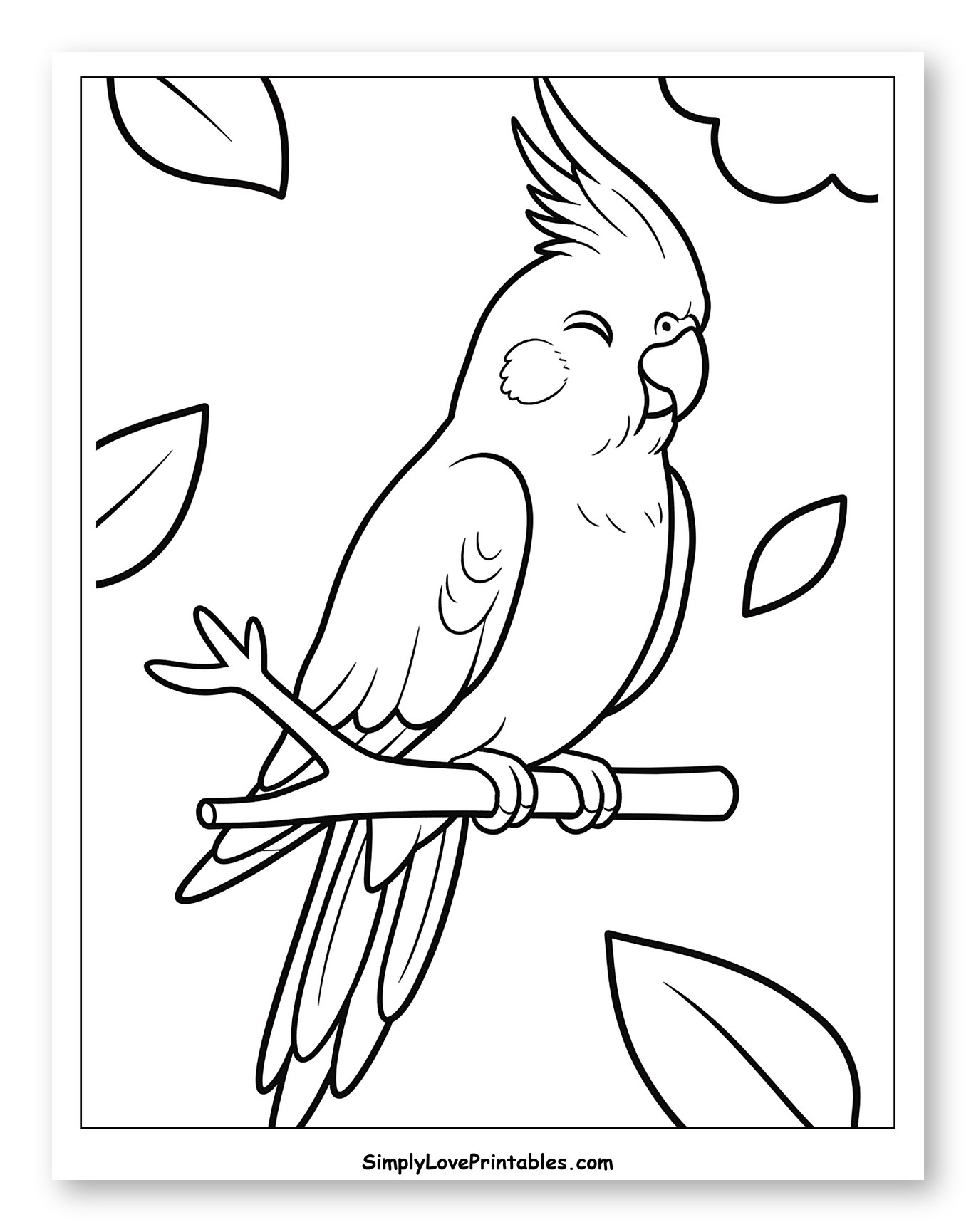 Happy Cockatiel on a Branch with Leaves Coloring Page for Toddlers