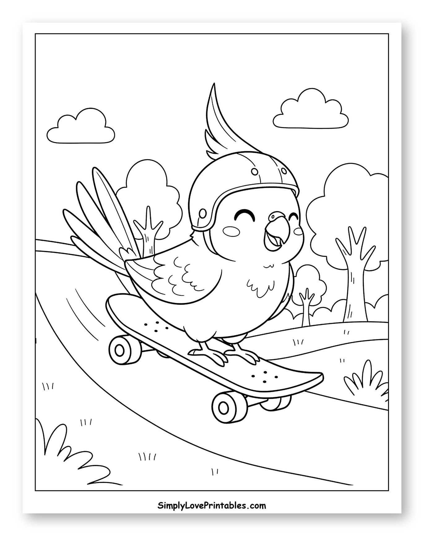 Happy Cockatiel Riding Skateboard with Helmet