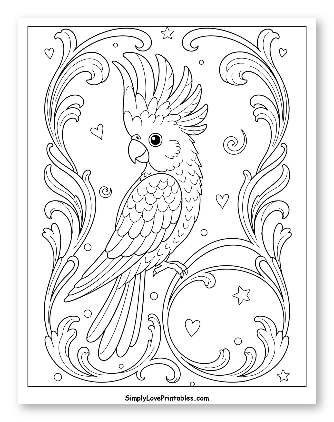Happy Cockatoo in Detailed Scrollwork Frame Coloring Sheet for Adults