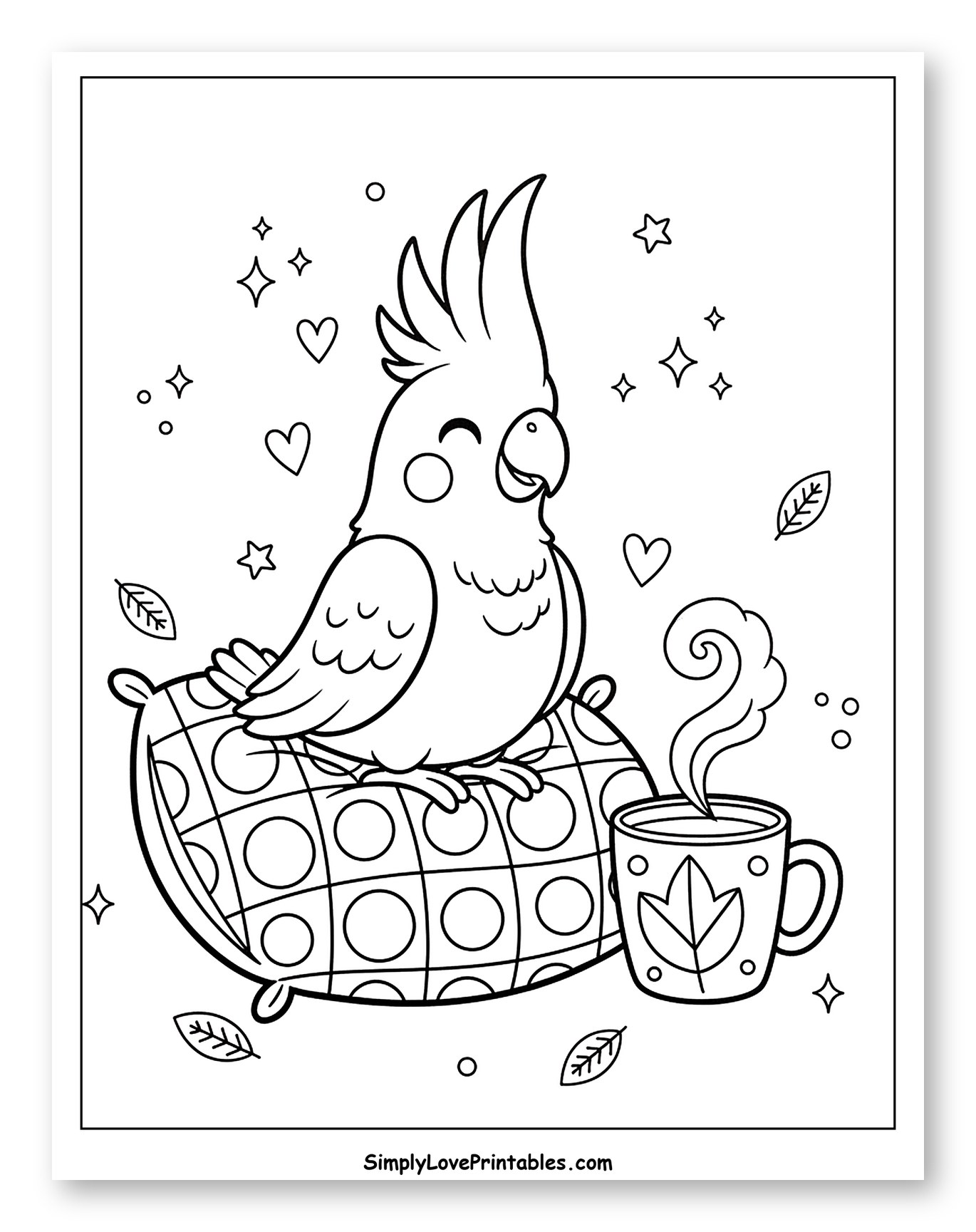 Happy Cockatoo on a Cozy Pillow with Coffee to Color for Adults