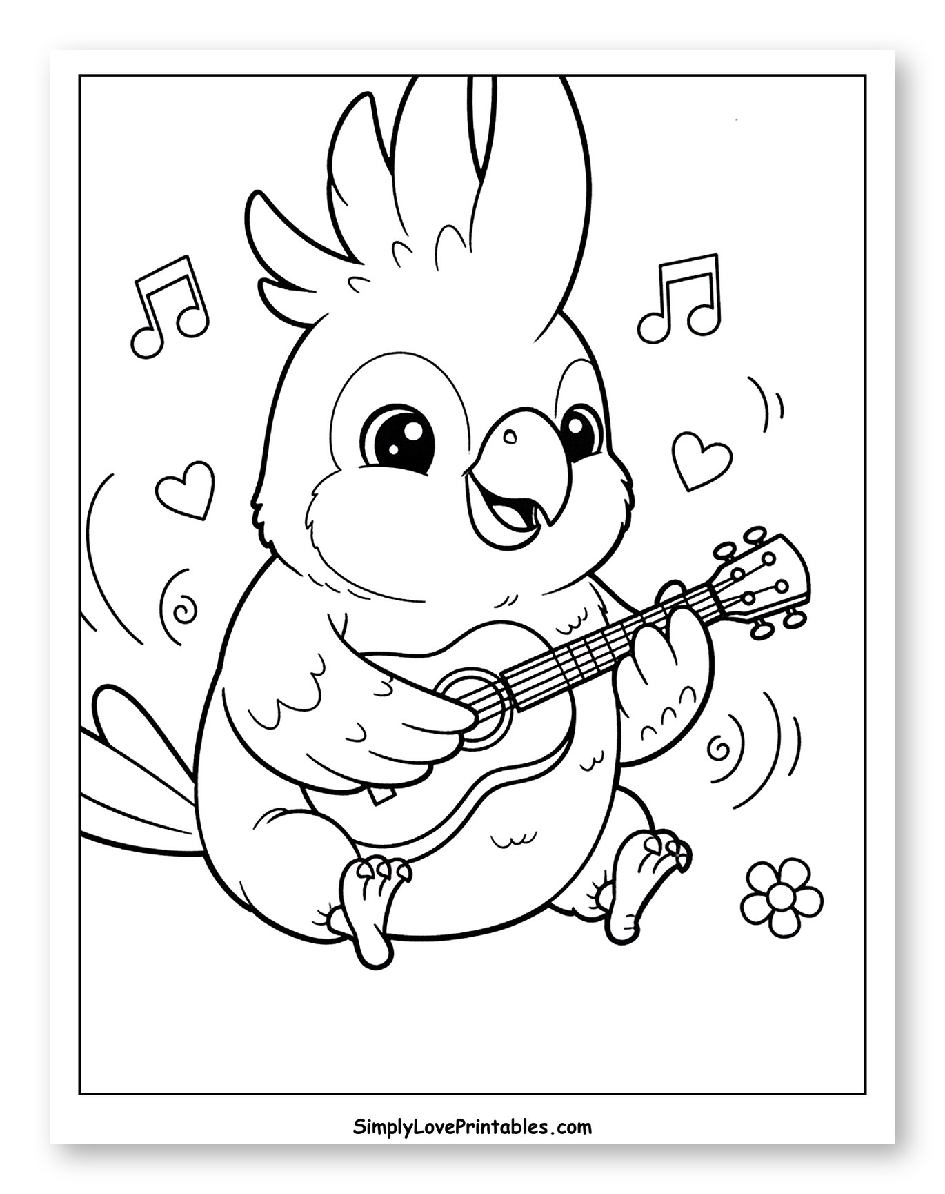 Happy Cockatoo Playing Ukulele with Music Notes Coloring Page for Kids