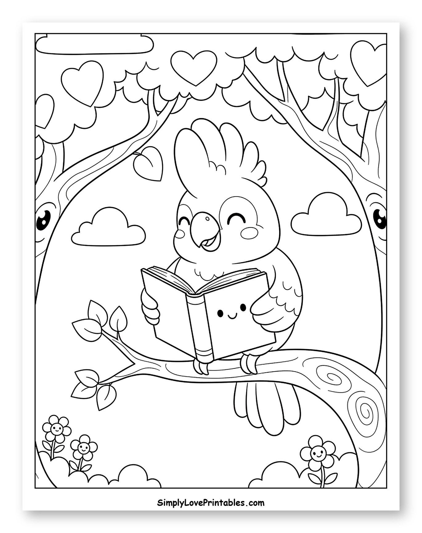 Happy Cockatoo Reading a Book on a Branch to Color for Kids