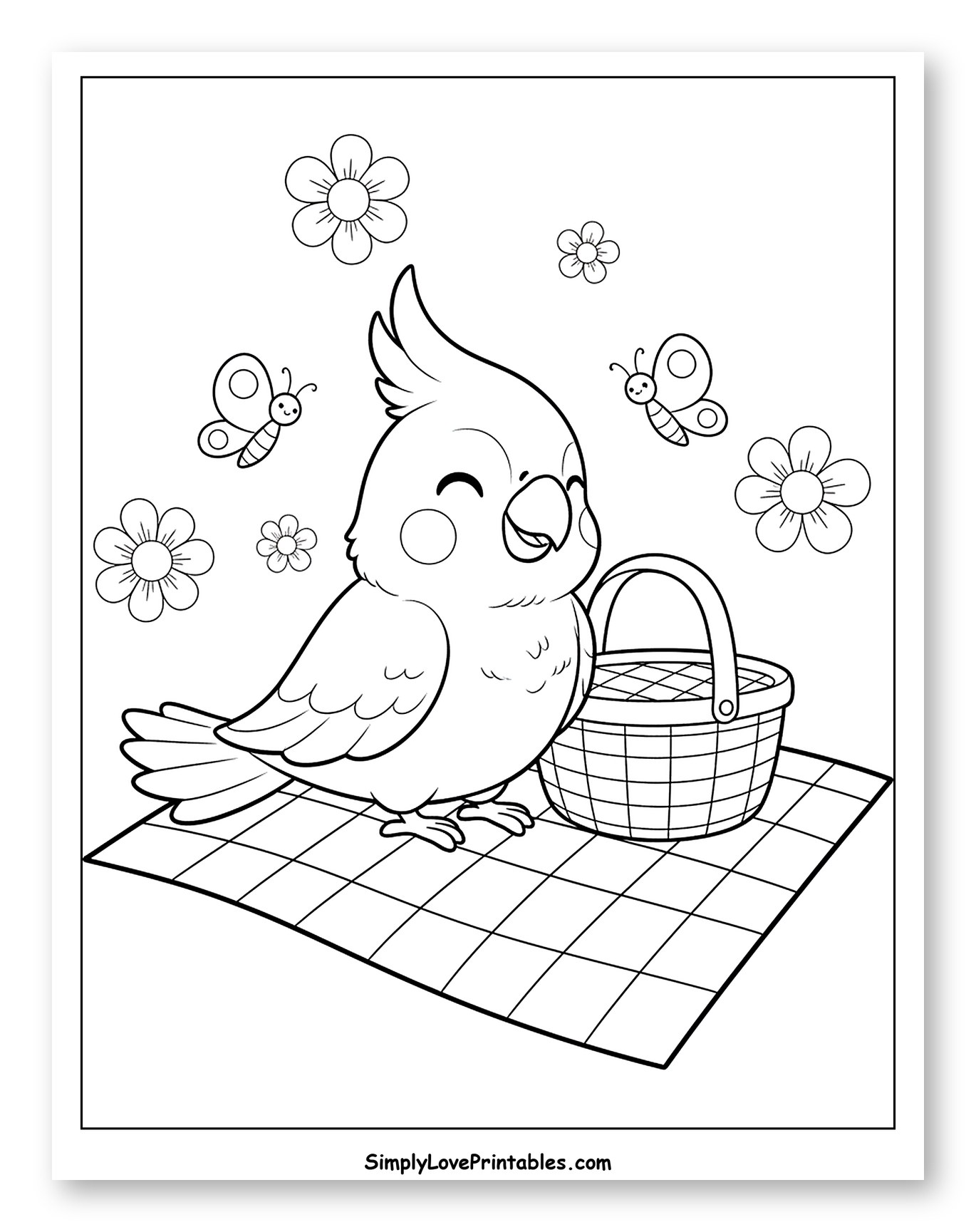 Happy Cockatoo with Picnic Basket and Butterflies Coloring Page for Kids