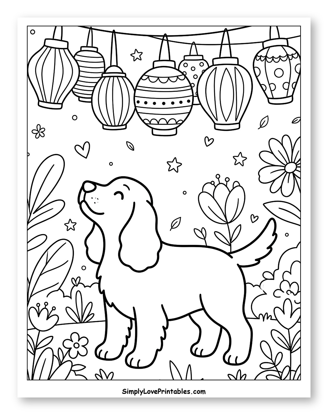 Happy Cocker Spaniel in a Garden with Lanterns