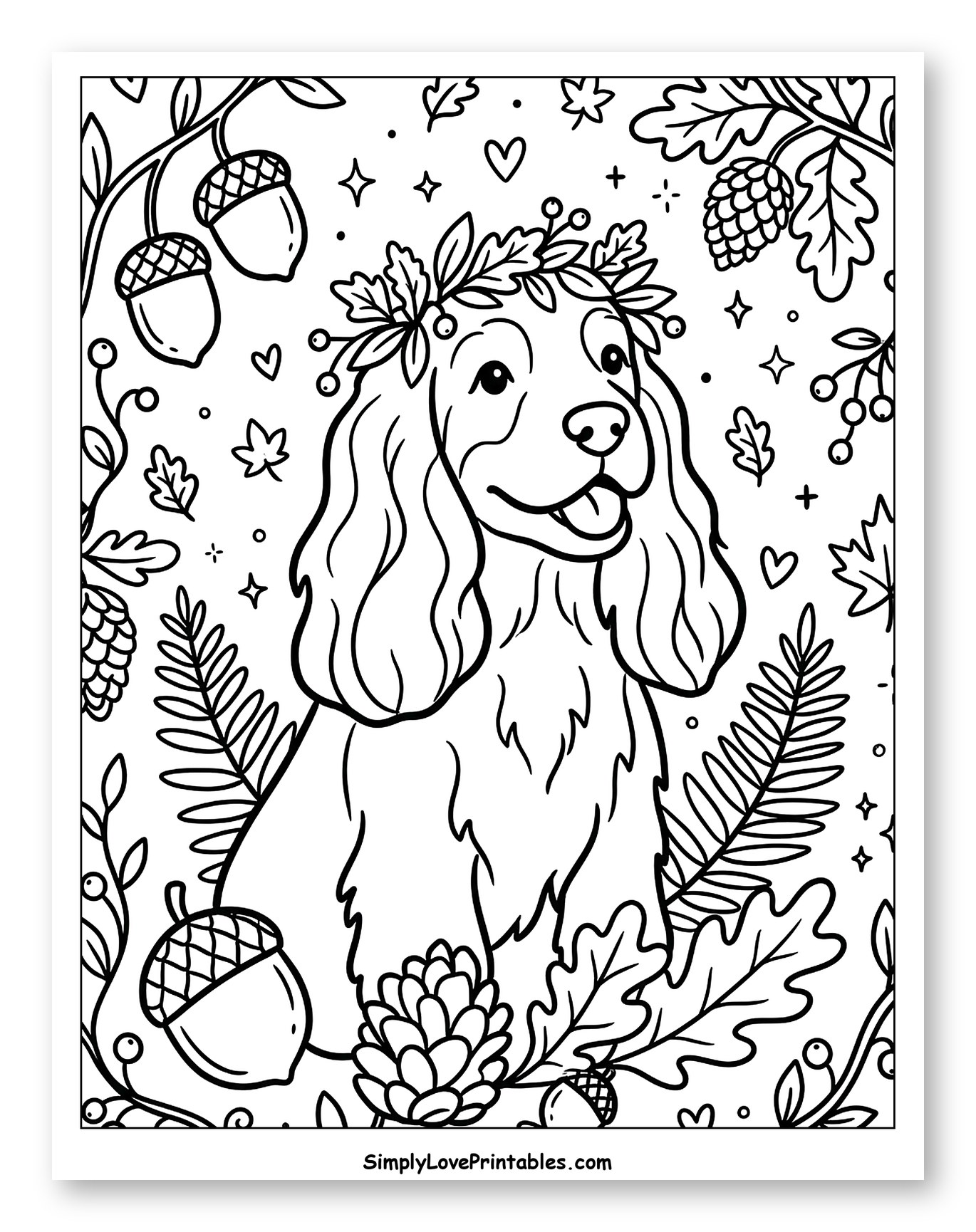 Happy Cocker Spaniel in Fall Nature Scene Coloring Sheet for Adults
